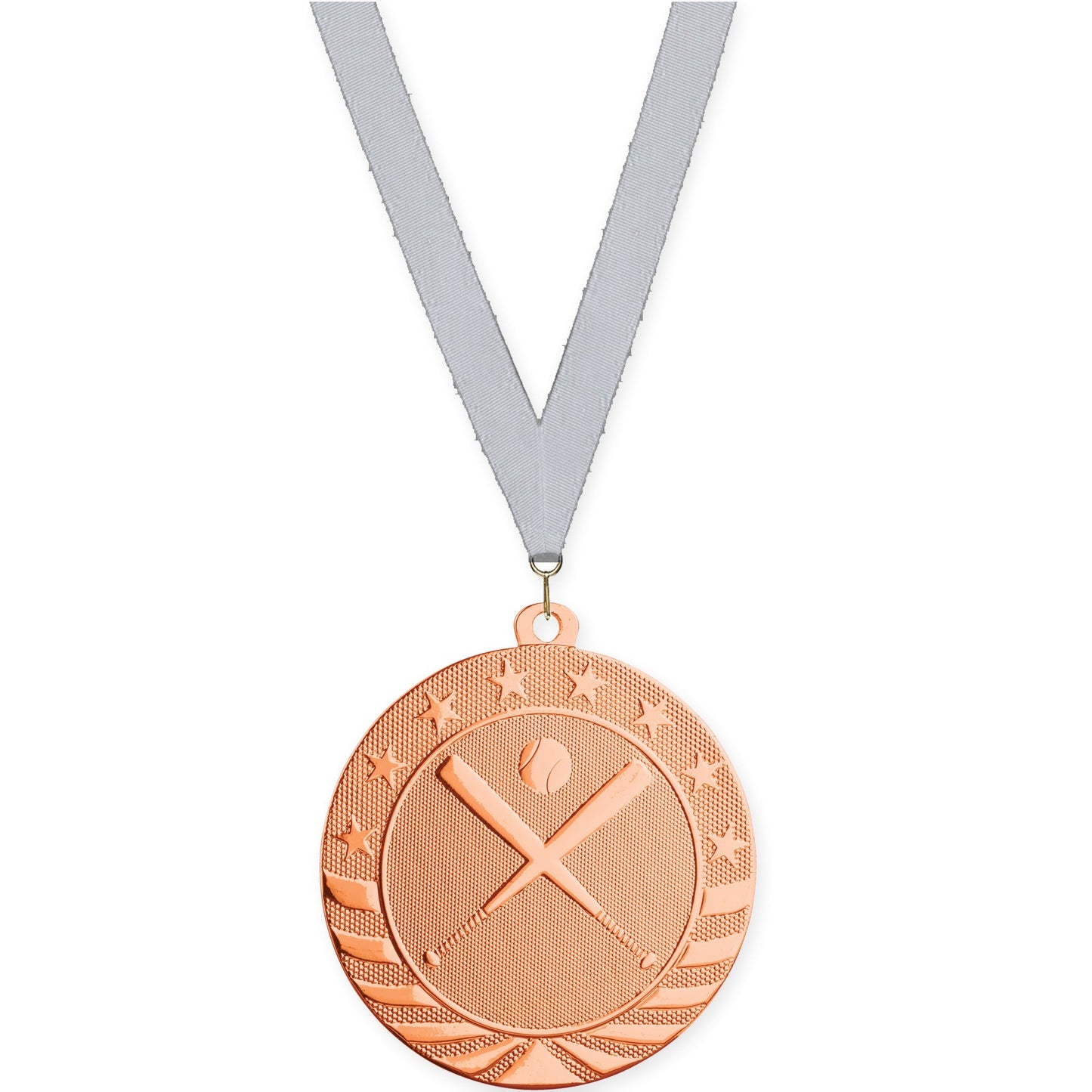 2 3/4 inch baseball and softball Starbrite medal in bright bronze with Silver Metallic neck ribbon
