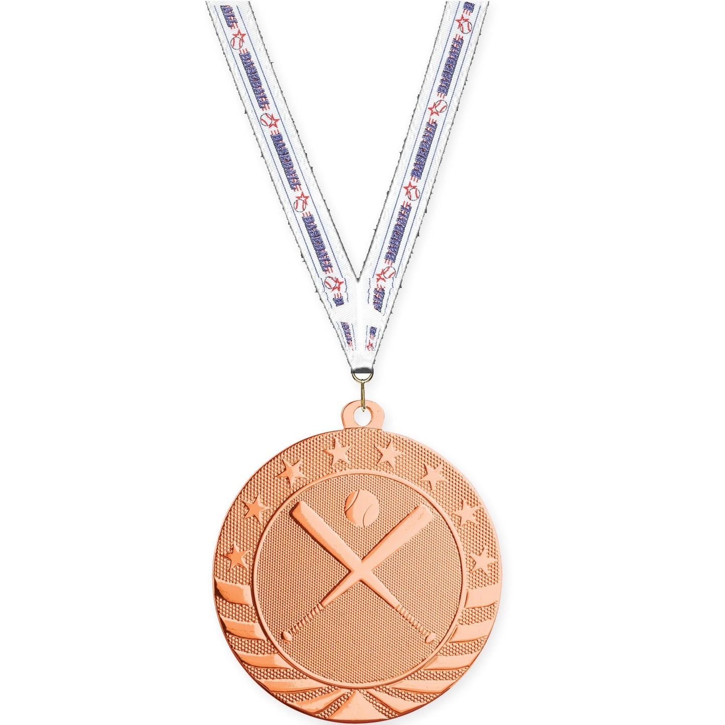 2 3/4 inch baseball and softball Starbrite medal in bright bronze with Baseball neck ribbon