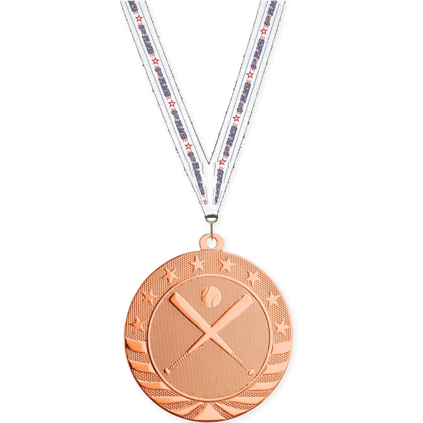 2 3/4 inch baseball and softball Starbrite medal in bright bronze with 3rd Place neck ribbon