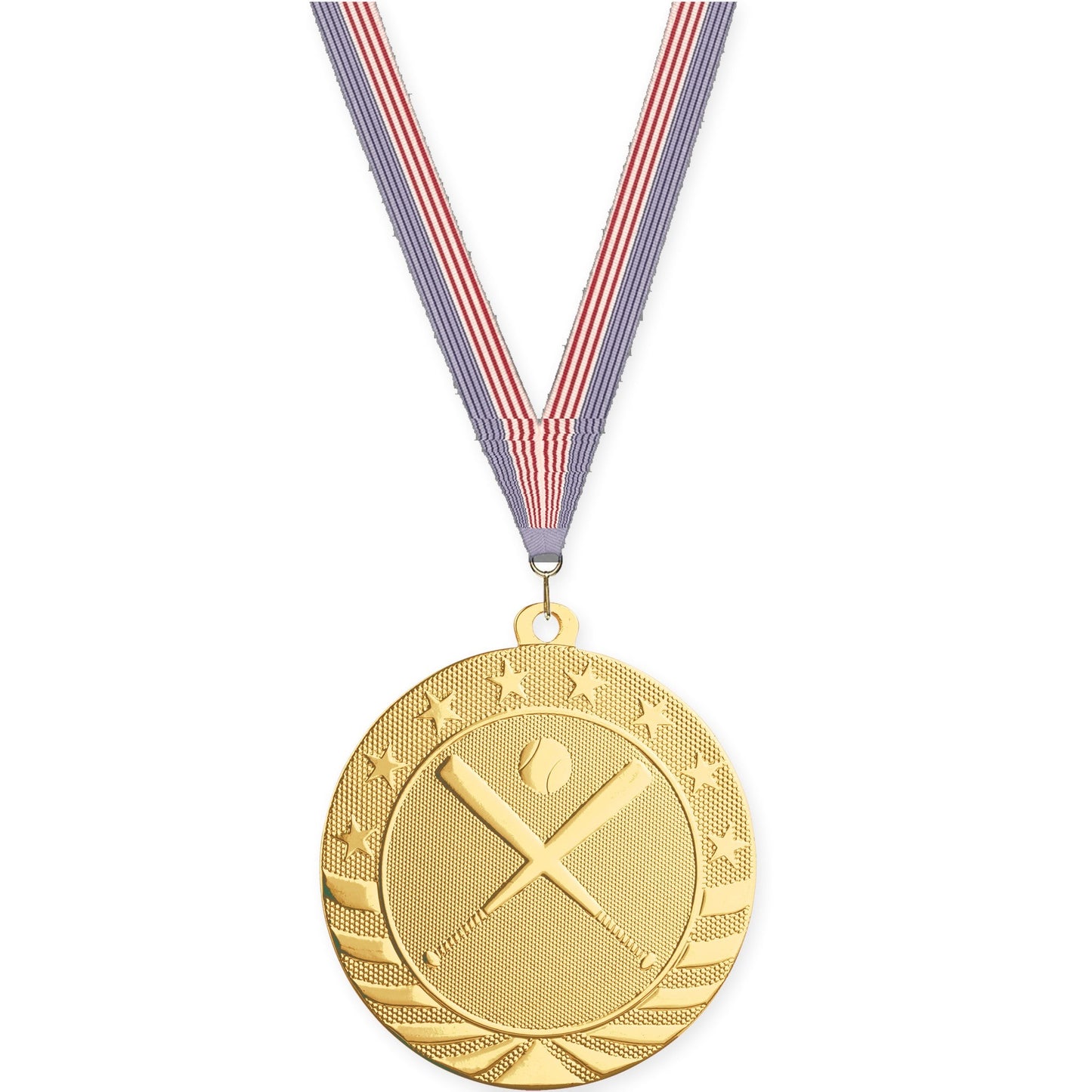 2 3/4 inch baseball and softball Starbrite medal in bright gold with USA Flag neck ribbon