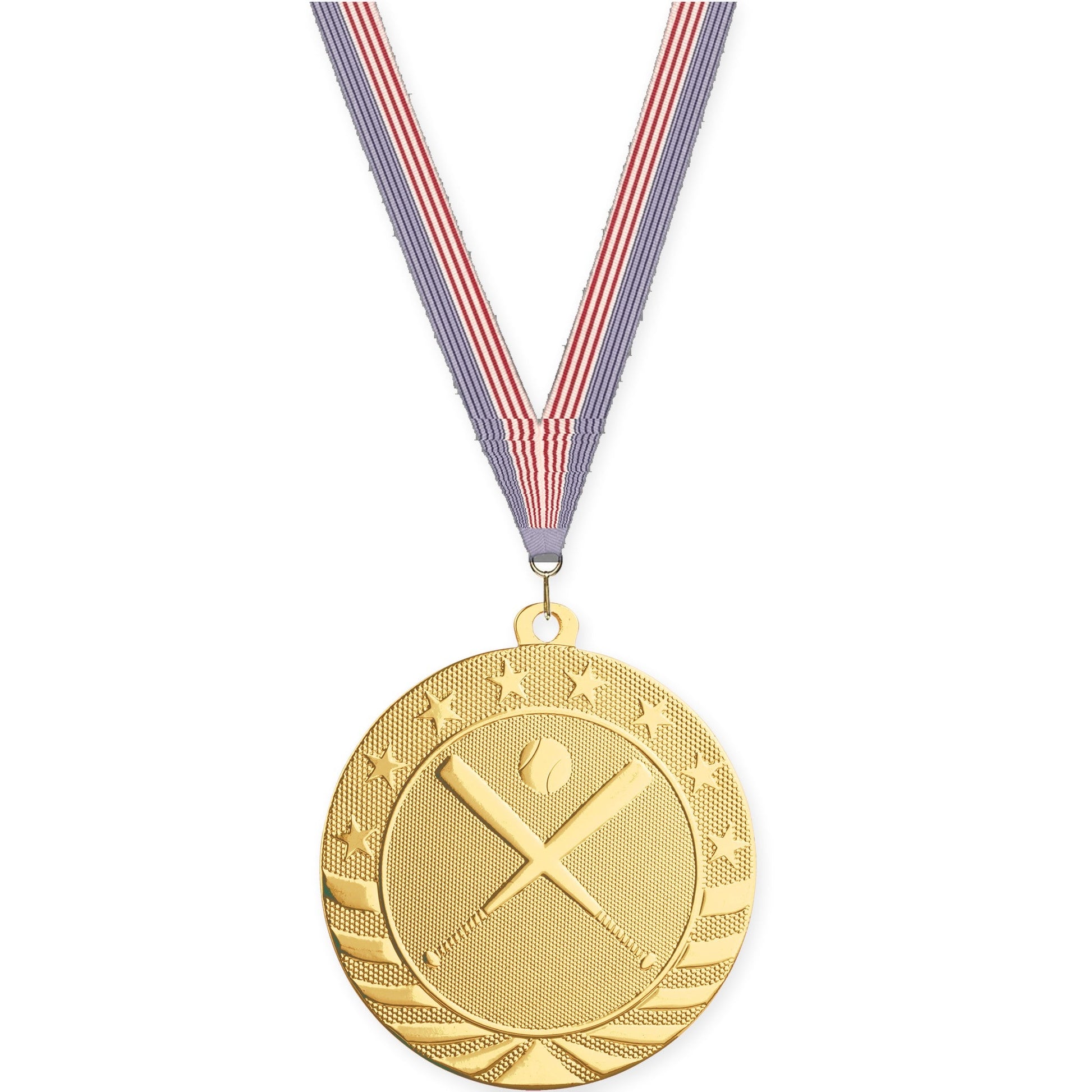 2 3/4 inch baseball and softball Starbrite medal in bright gold with USA Flag neck ribbon