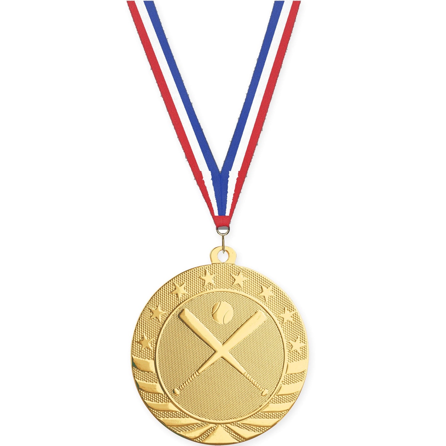 2 3/4 inch baseball and softball Starbrite medal in bright gold with Red White Blue neck ribbon
