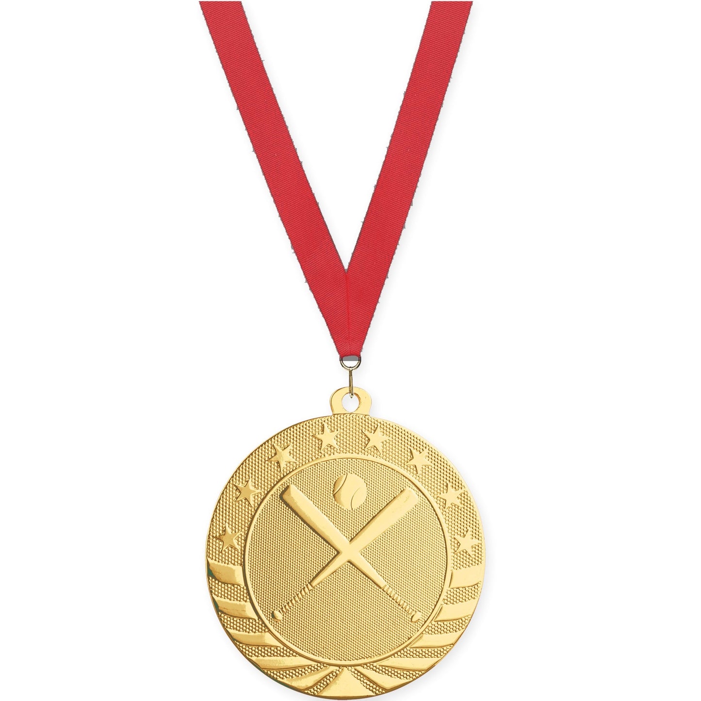 2 3/4 inch baseball and softball Starbrite medal in bright gold with Red neck ribbon