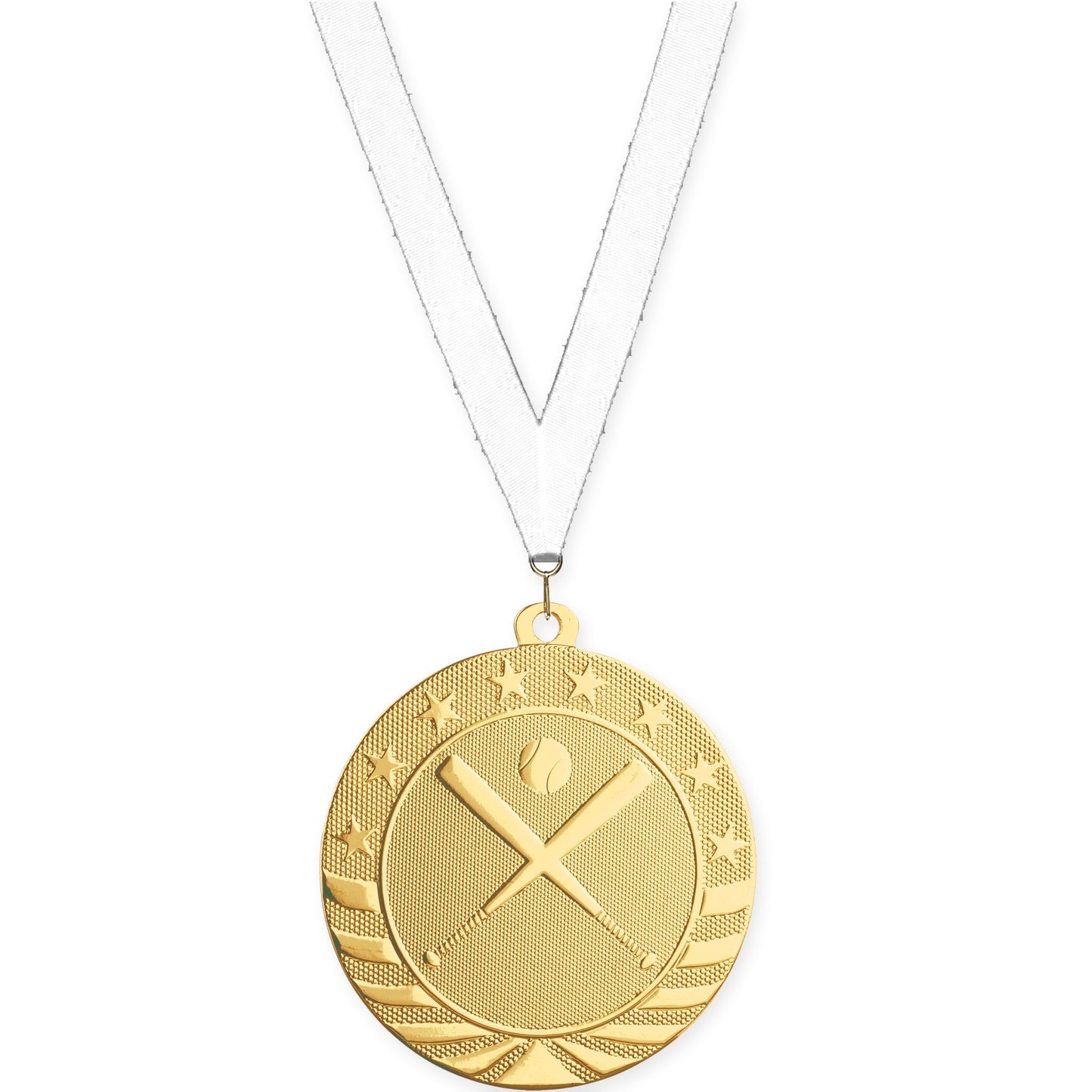 2 3/4 inch baseball and softball Starbrite medal in bright gold with White neck ribbon