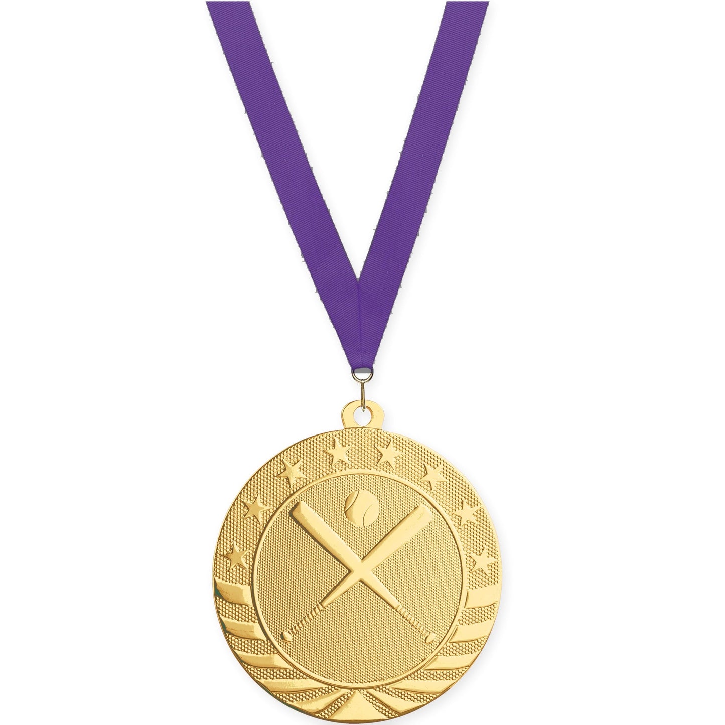 2 3/4 inch baseball and softball Starbrite medal in bright gold with Purple neck ribbon