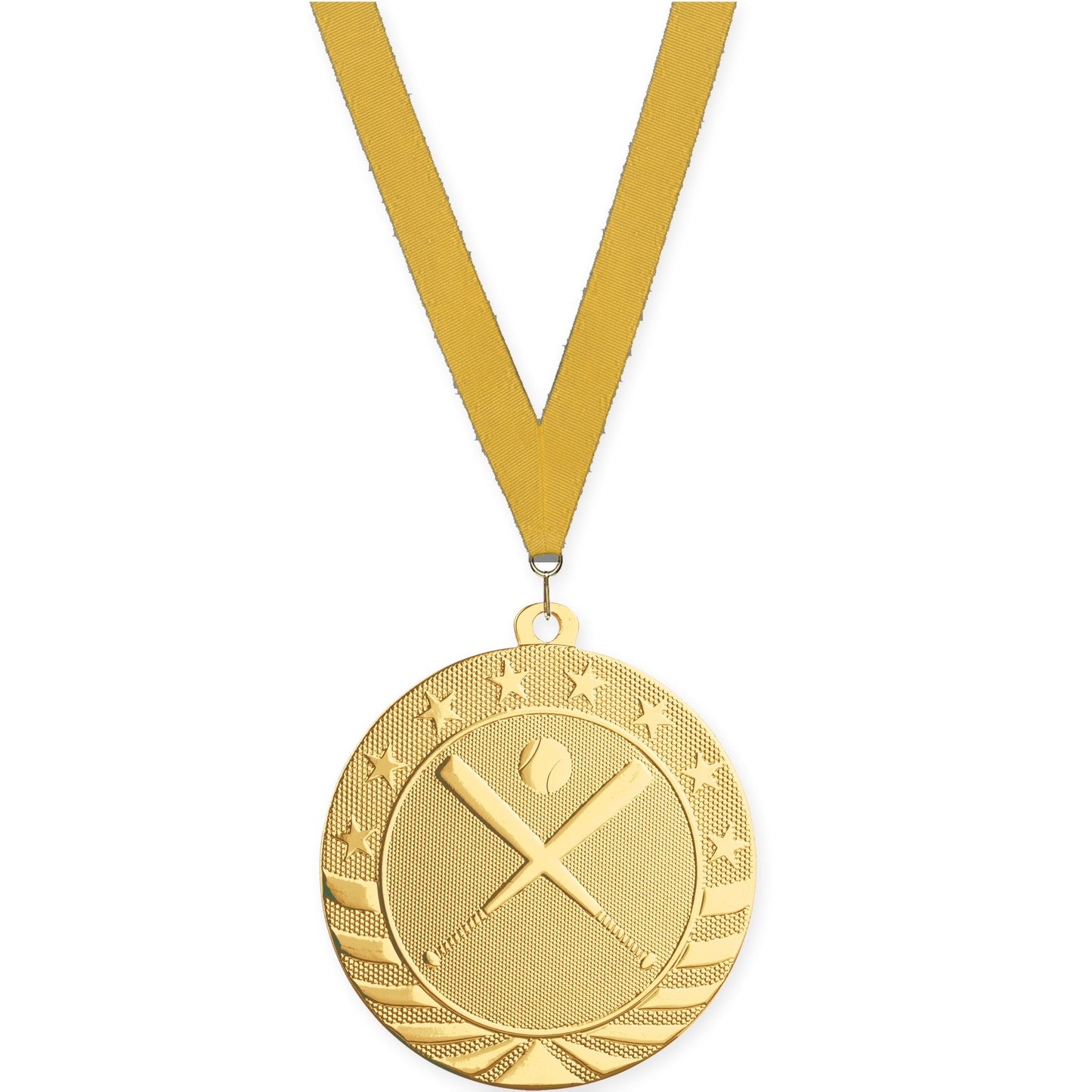 2 3/4 inch baseball and softball Starbrite medal in bright gold with Gold neck ribbon