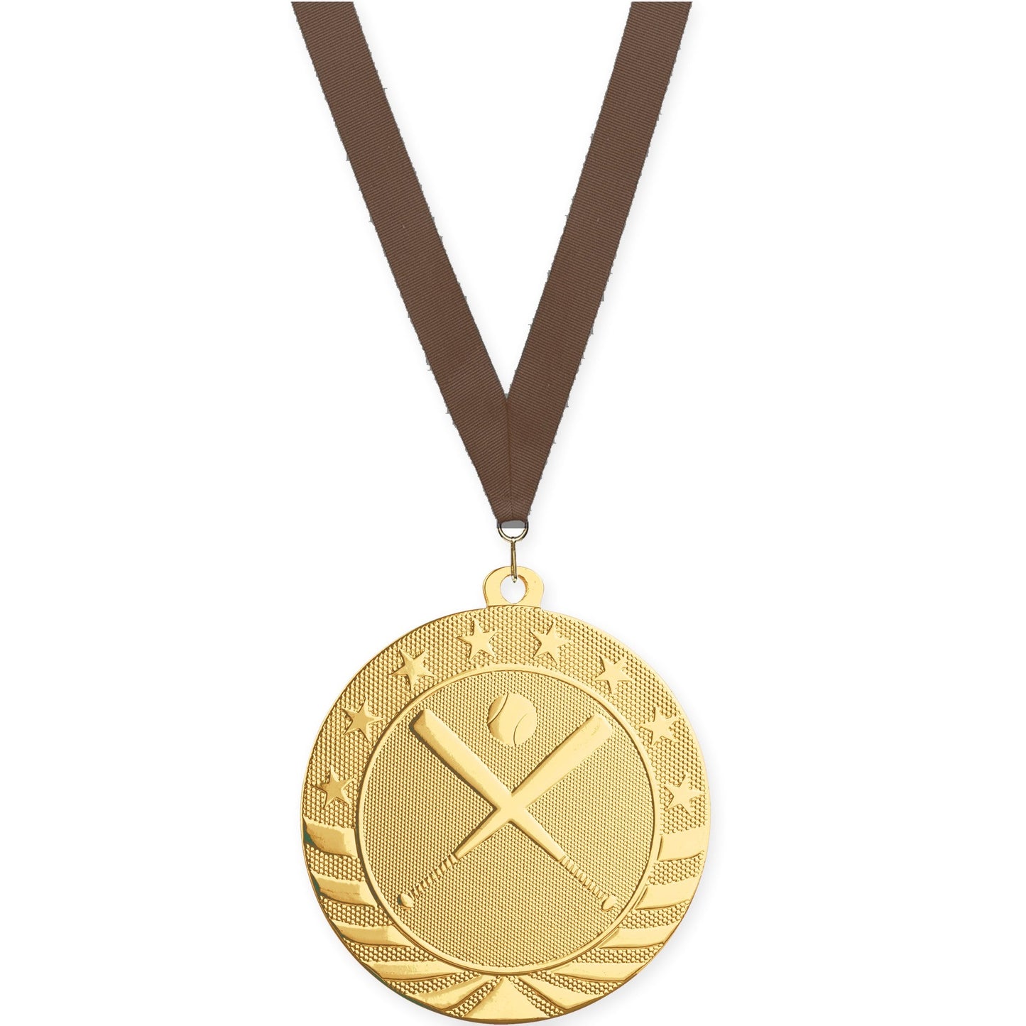 2 3/4 inch baseball and softball Starbrite medal in bright gold with Brown neck ribbon