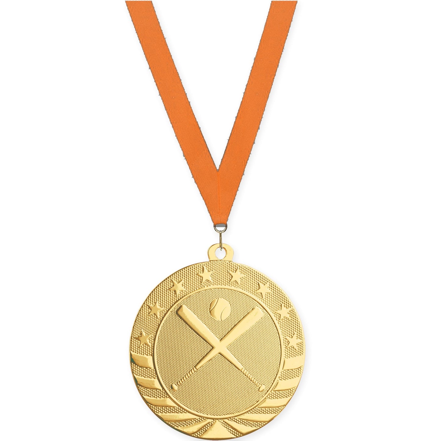 2 3/4 inch baseball and softball Starbrite medal in bright gold with Orange neck ribbon