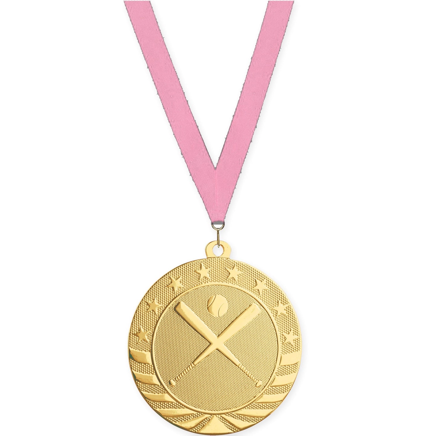 2 3/4 inch baseball and softball Starbrite medal in bright gold with Pink neck ribbon