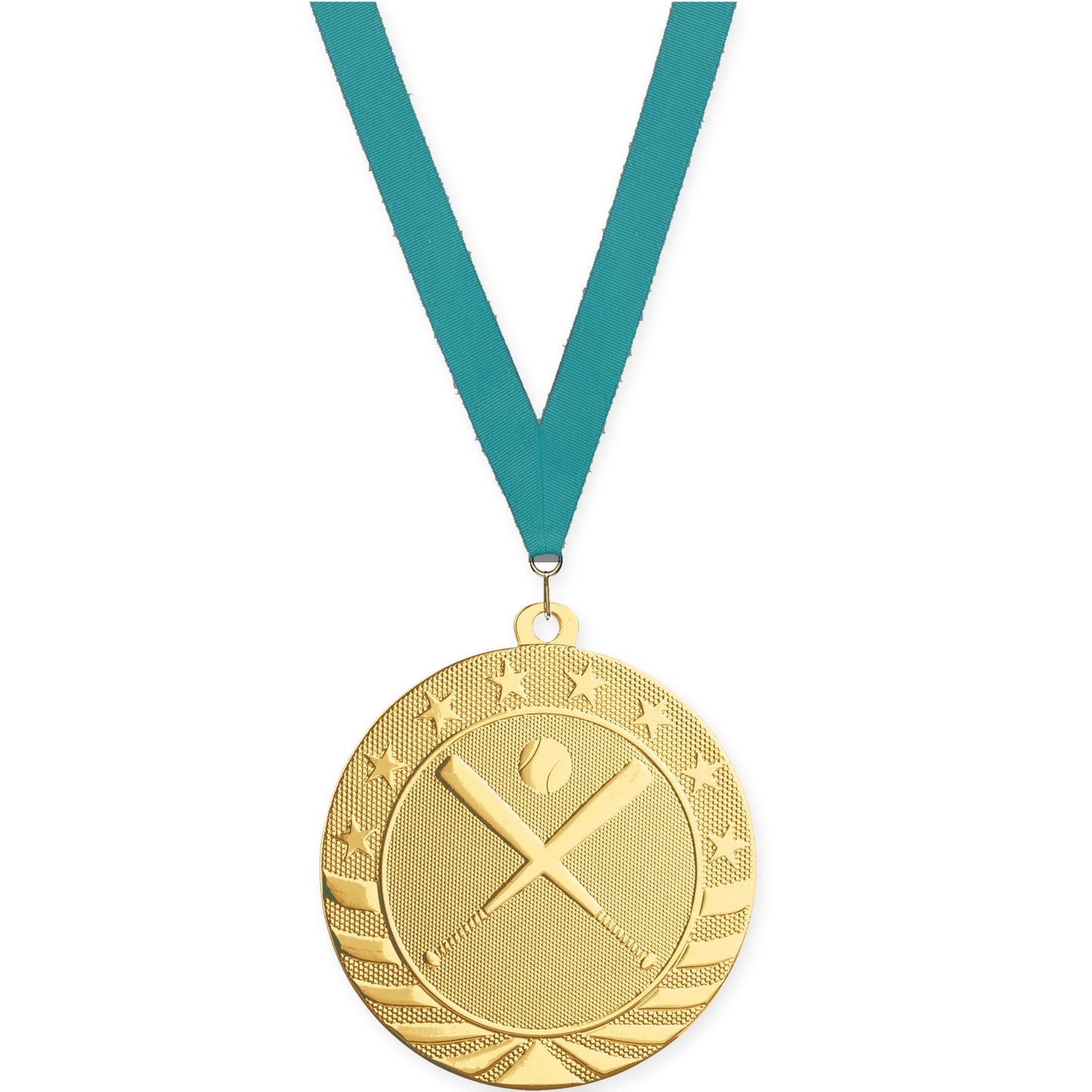 2 3/4 inch baseball and softball Starbrite medal in bright gold with Teal neck ribbon