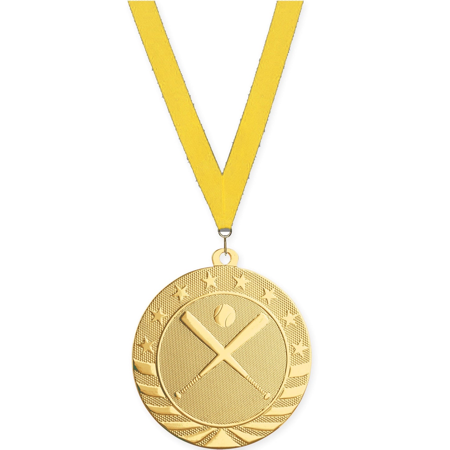2 3/4 inch baseball and softball Starbrite medal in bright gold with Yellow neck ribbon