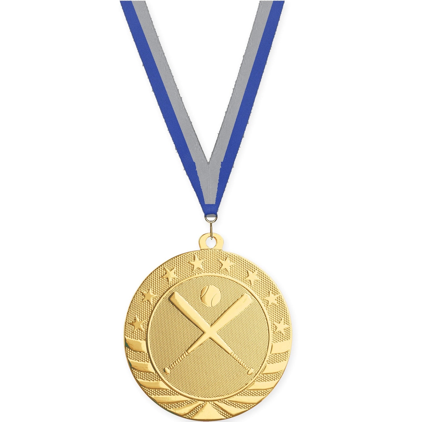 2 3/4 inch baseball and softball Starbrite medal in bright gold with Blue Gray neck ribbon