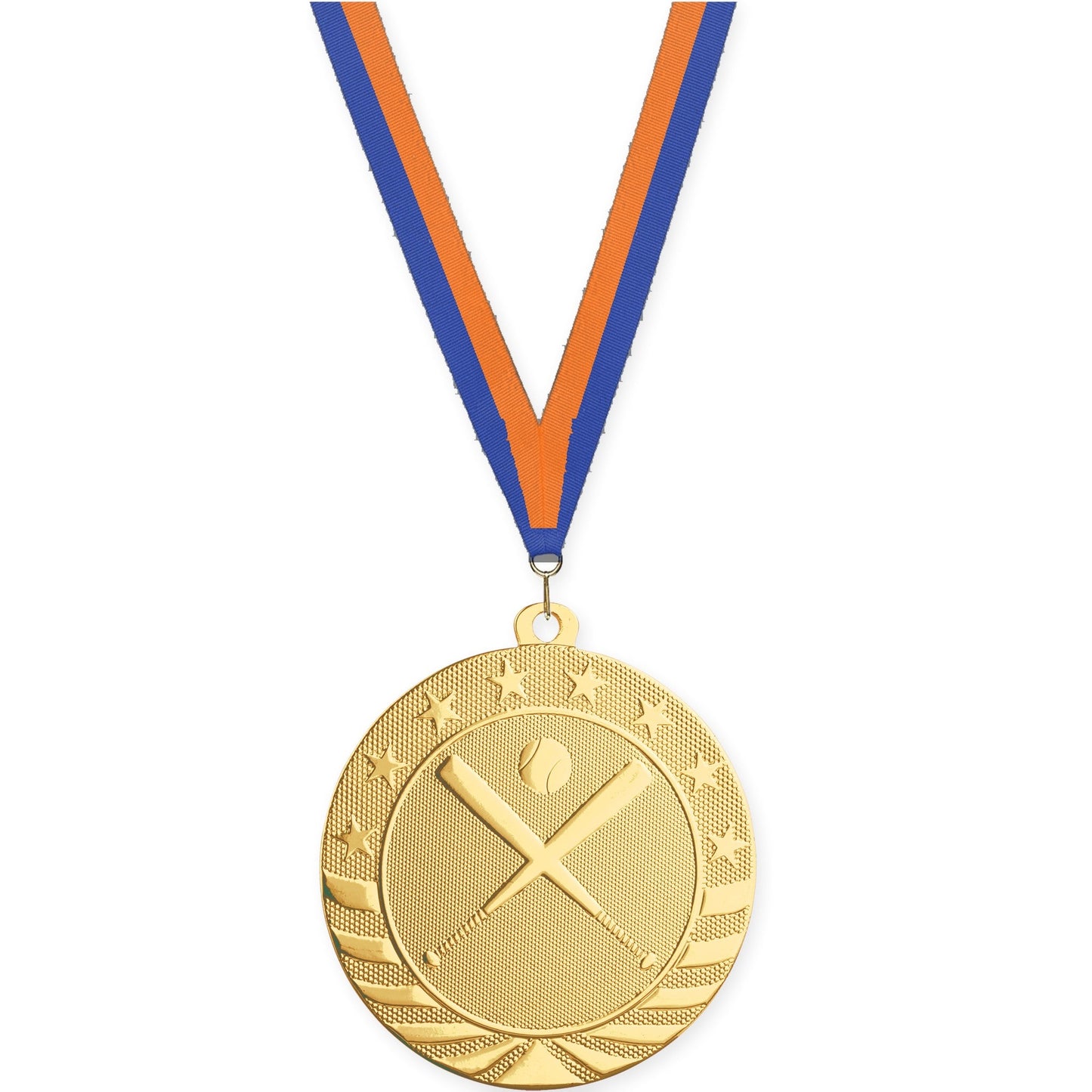 2 3/4 inch baseball and softball Starbrite medal in bright gold with Blue Orange neck ribbon