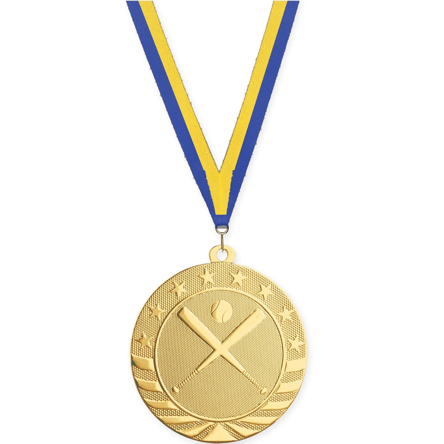 2 3/4 inch baseball and softball Starbrite medal in bright gold with Blue Yellow neck ribbon