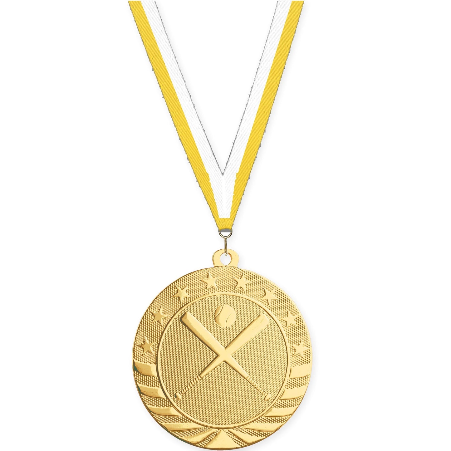 2 3/4 inch baseball and softball Starbrite medal in bright gold with Yellow White neck ribbon