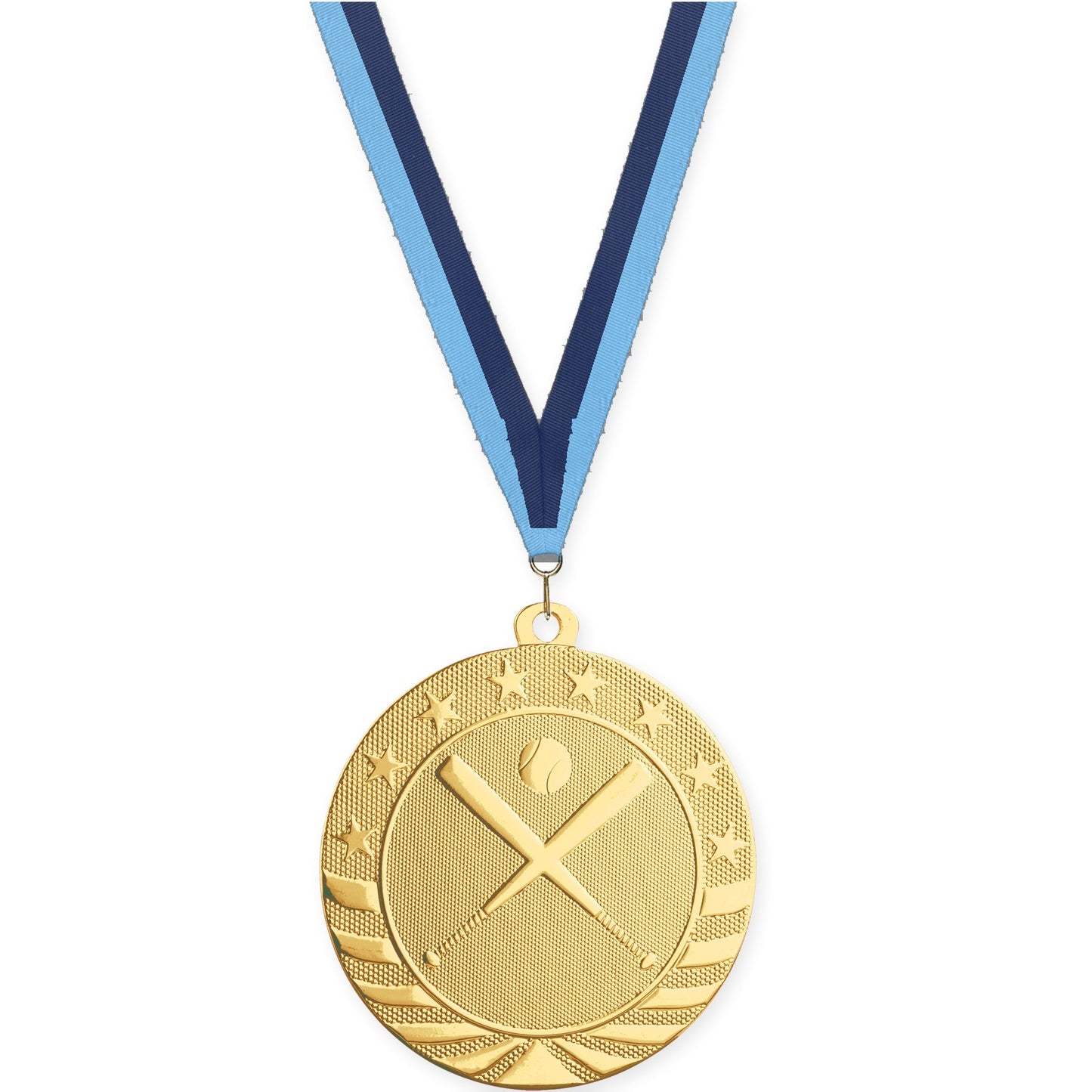 2 3/4 inch baseball and softball Starbrite medal in bright gold with Light Blue Navy neck ribbon