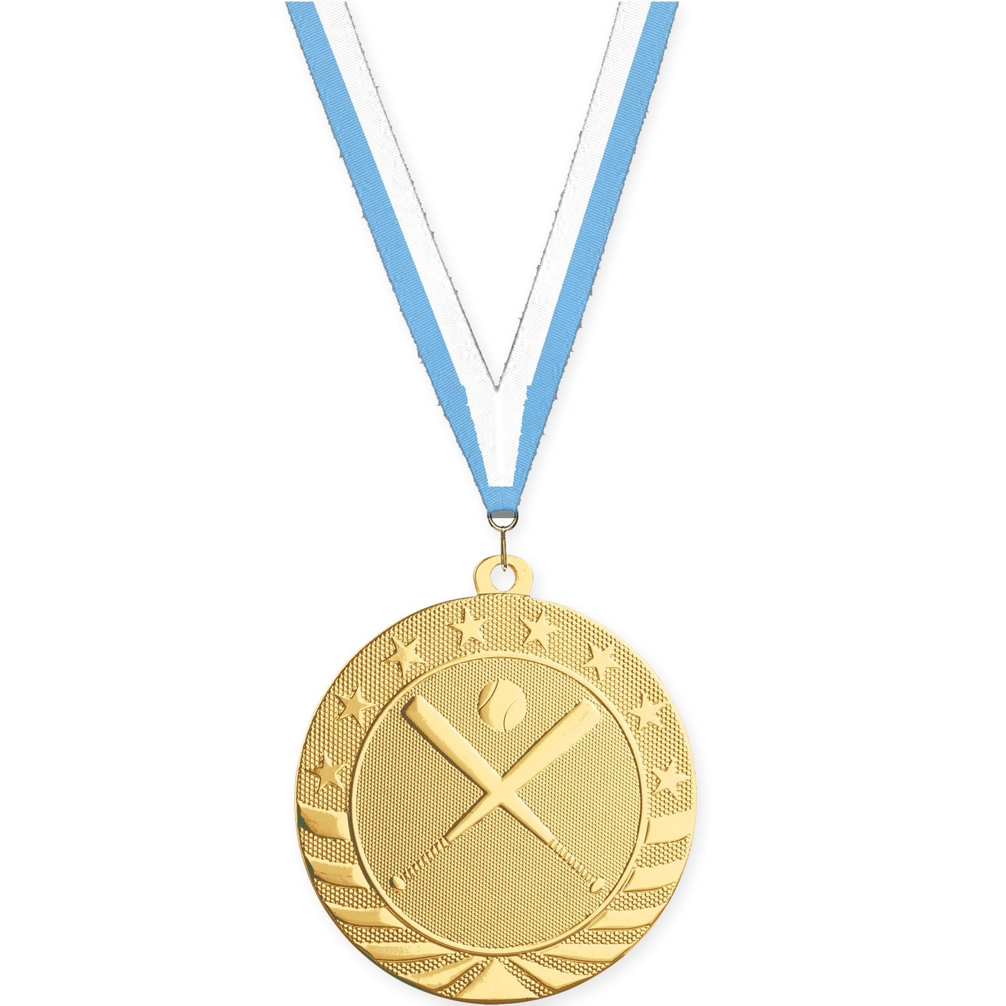 2 3/4 inch baseball and softball Starbrite medal in bright gold with Light Blue White neck ribbon