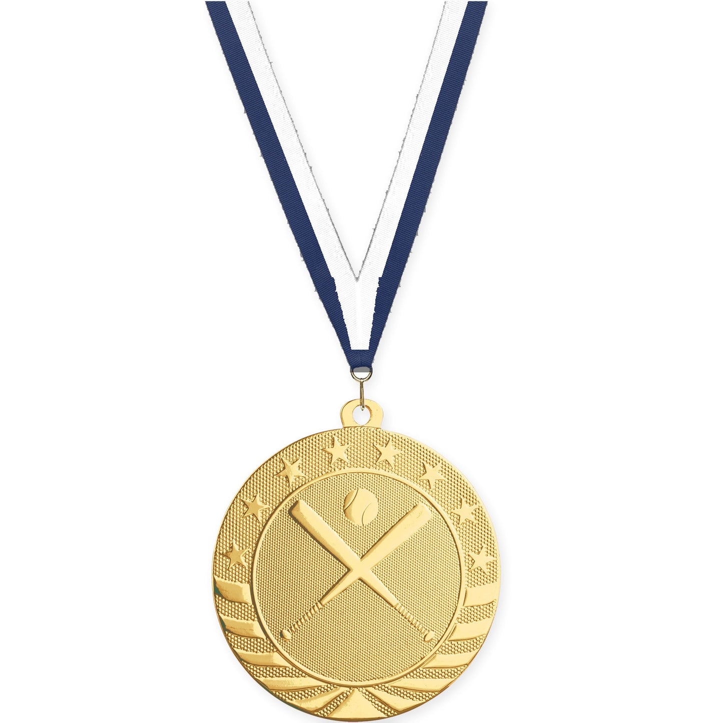 2 3/4 inch baseball and softball Starbrite medal in bright gold with Navy White neck ribbon