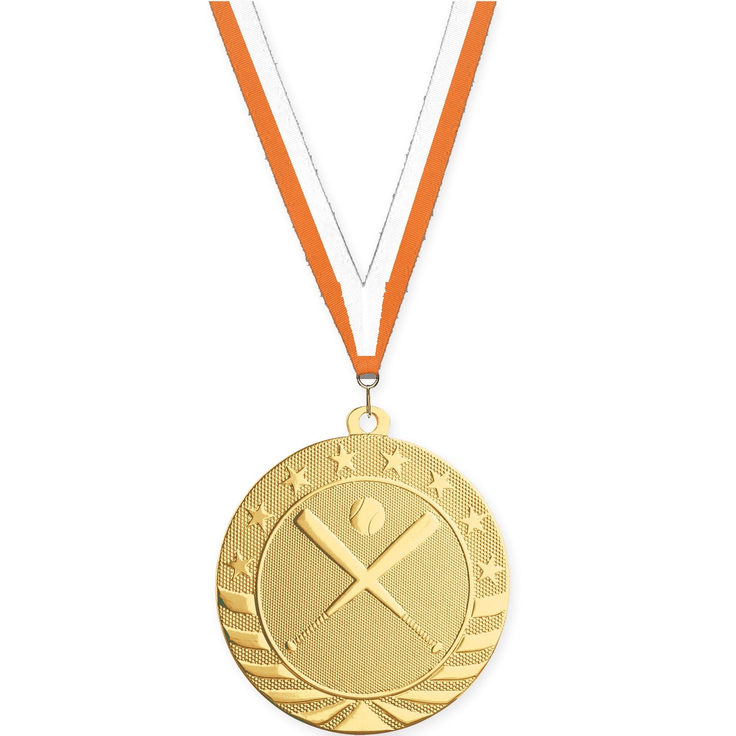 2 3/4 inch baseball and softball Starbrite medal in bright gold with Orange White neck ribbon