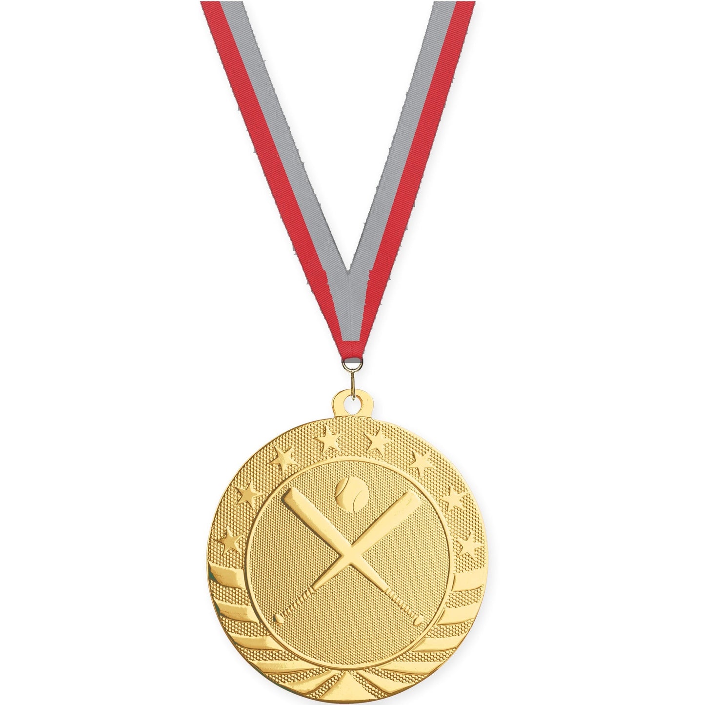 2 3/4 inch baseball and softball Starbrite medal in bright gold with Red Gray neck ribbon