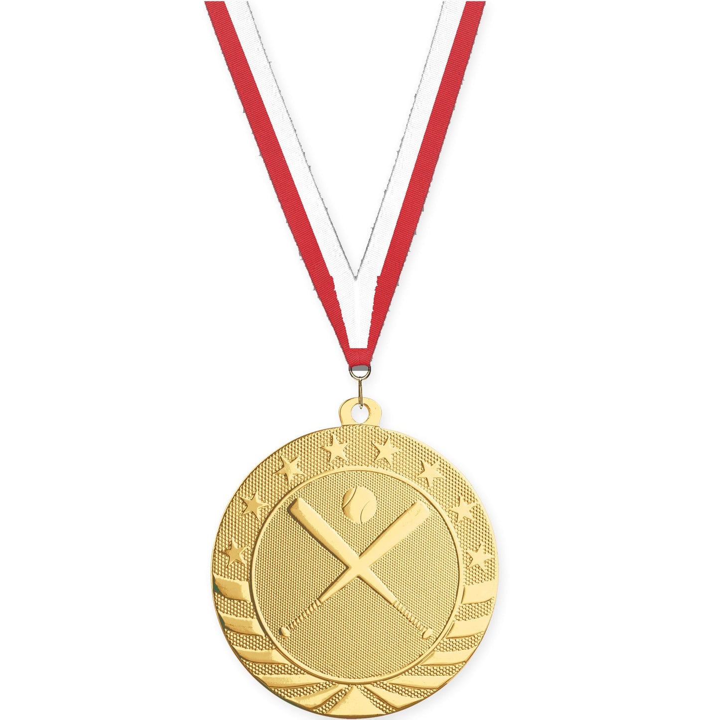 2 3/4 inch baseball and softball Starbrite medal in bright gold with Red White neck ribbon