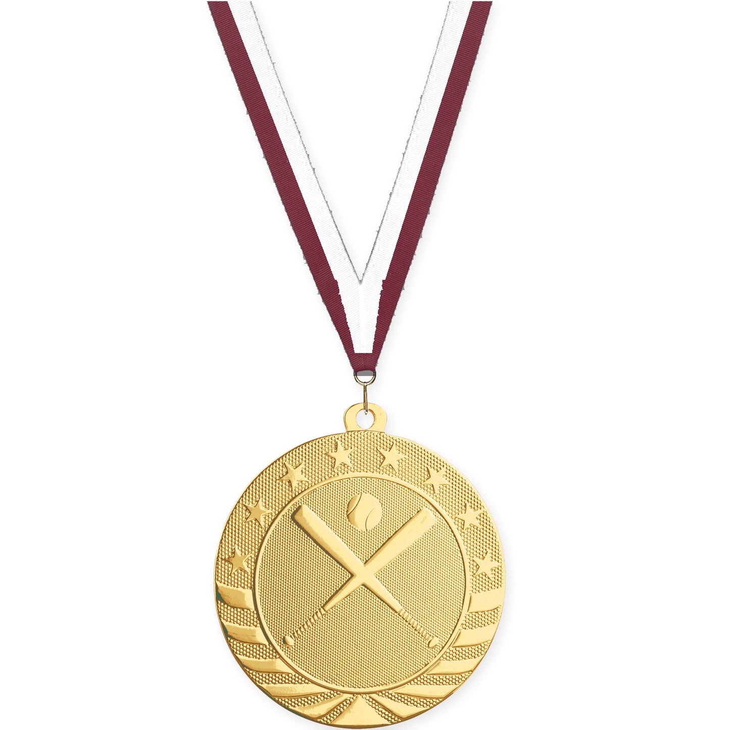 2 3/4 inch baseball and softball Starbrite medal in bright gold with Maroon White neck ribbon