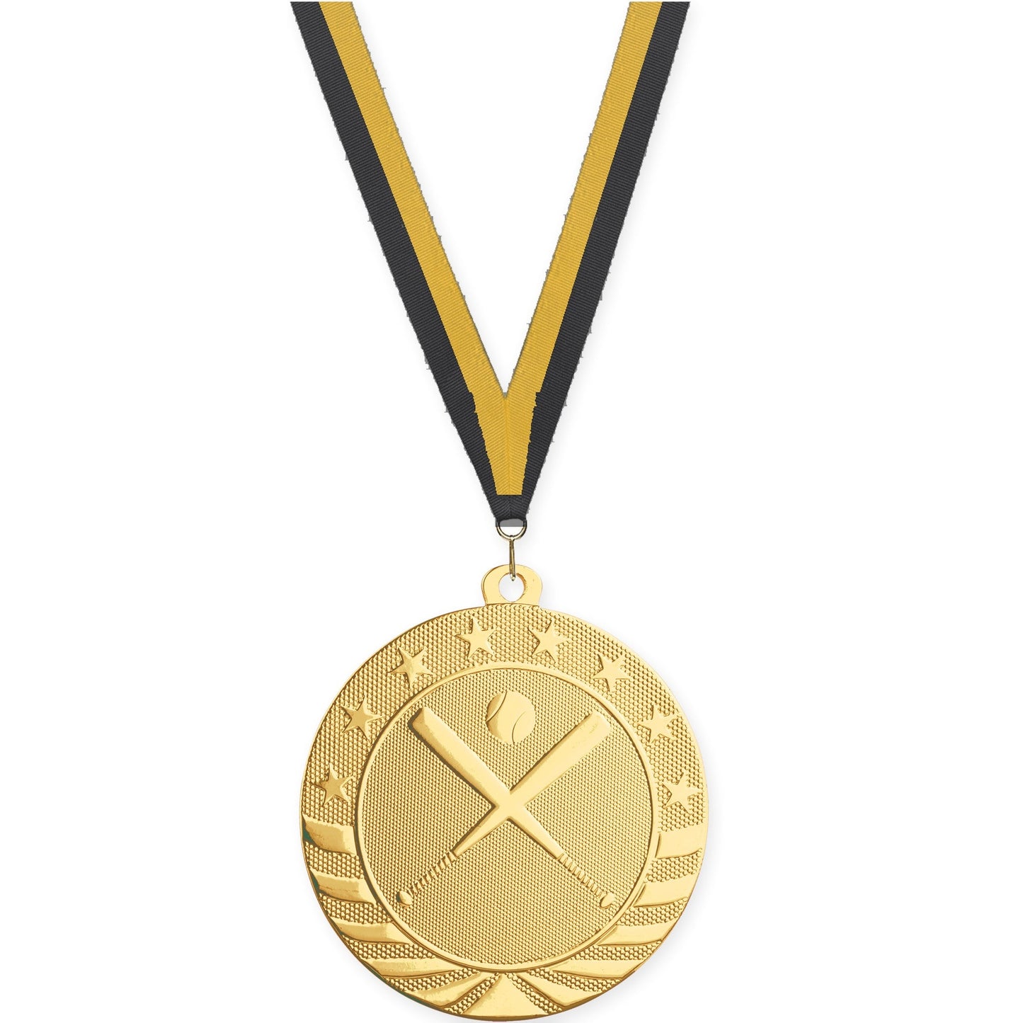 2 3/4 inch baseball and softball Starbrite medal in bright gold with Black Gold neck ribbon