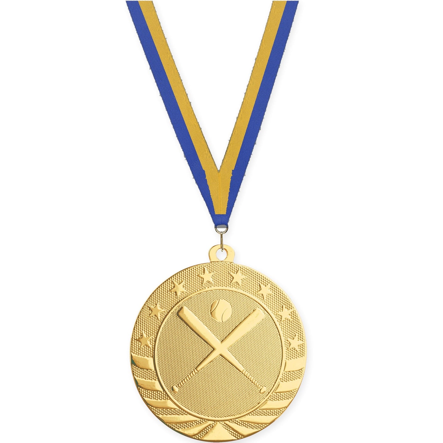 2 3/4 inch baseball and softball Starbrite medal in bright gold with Blue Gold neck ribbon