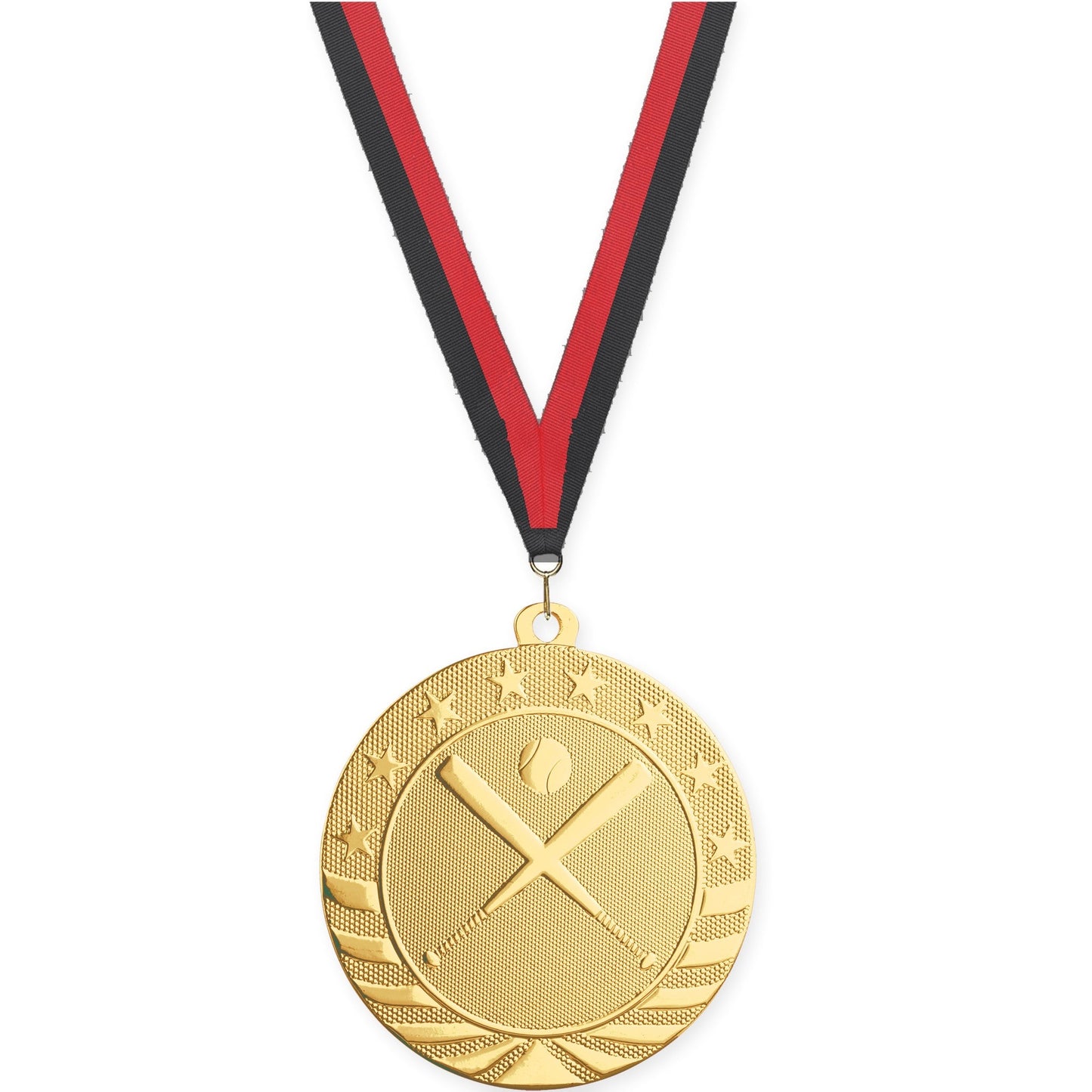2 3/4 inch baseball and softball Starbrite medal in bright gold with Black Red neck ribbon