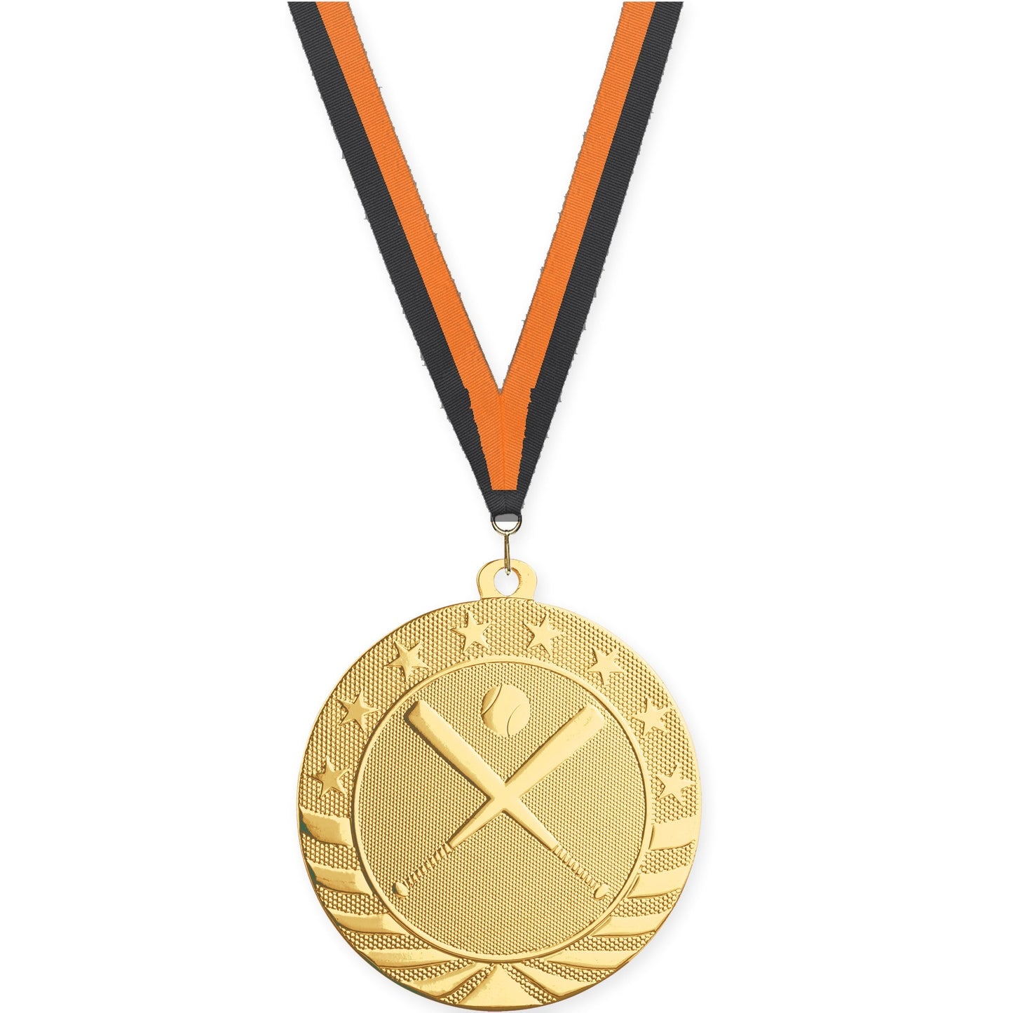 2 3/4 inch baseball and softball Starbrite medal in bright gold with Black Orange neck ribbon