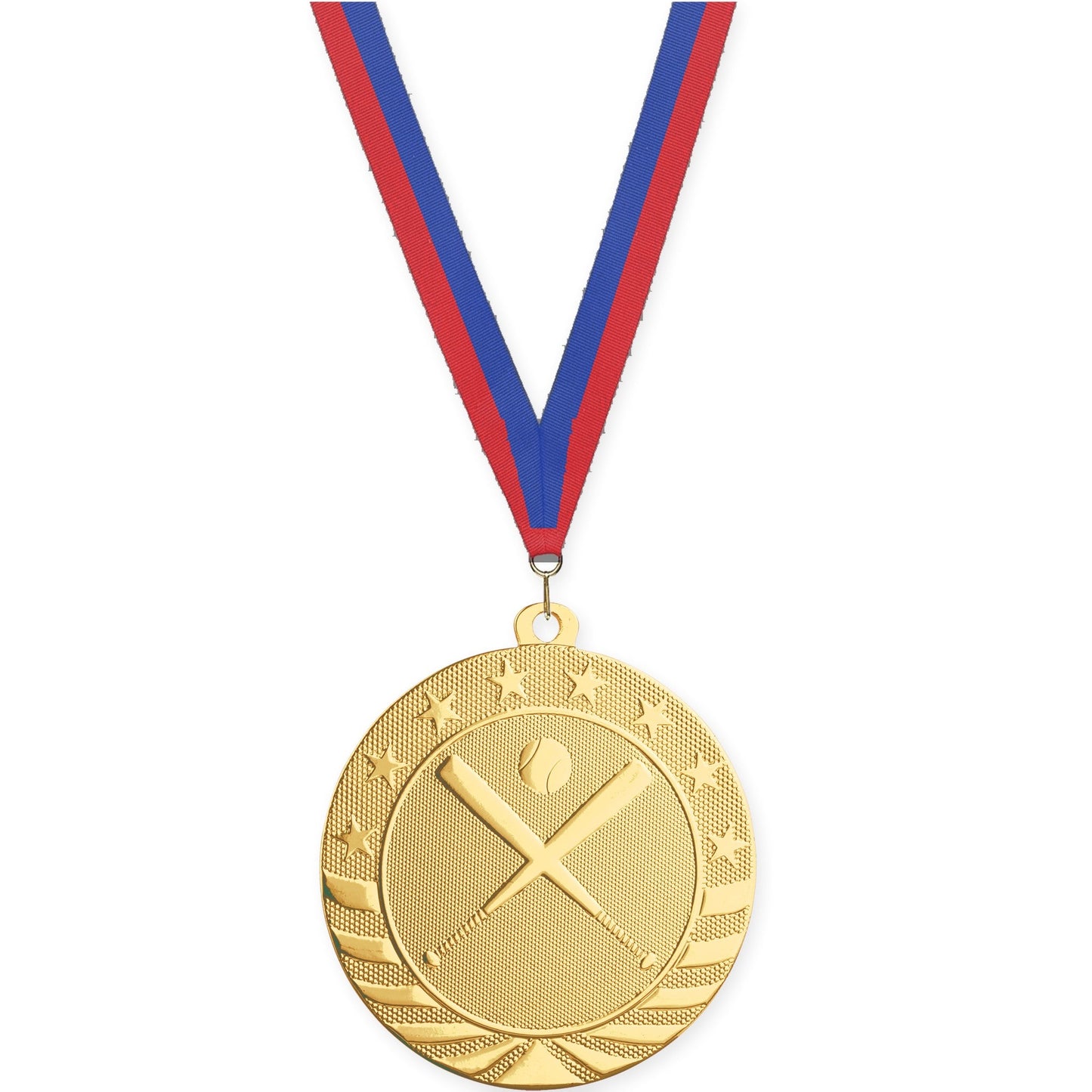 2 3/4 inch baseball and softball Starbrite medal in bright gold with Blue Red neck ribbon