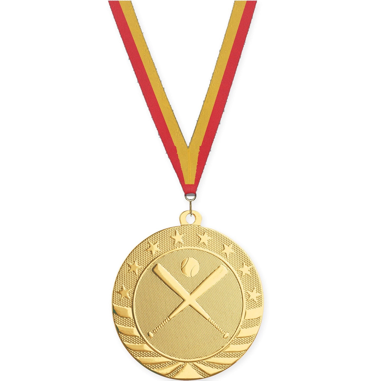 2 3/4 inch baseball and softball Starbrite medal in bright gold with Red Gold neck ribbon