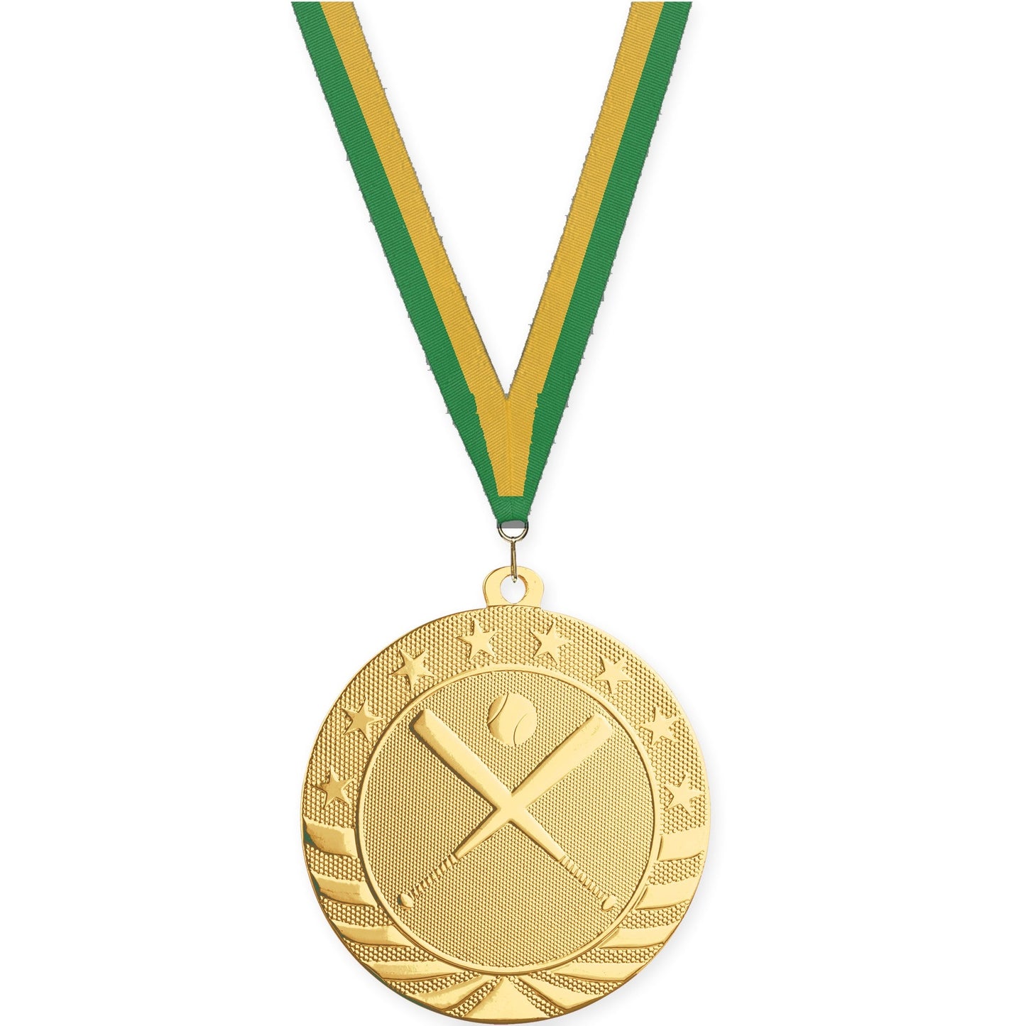 2 3/4 inch baseball and softball Starbrite medal in bright gold with Green Gold neck ribbon