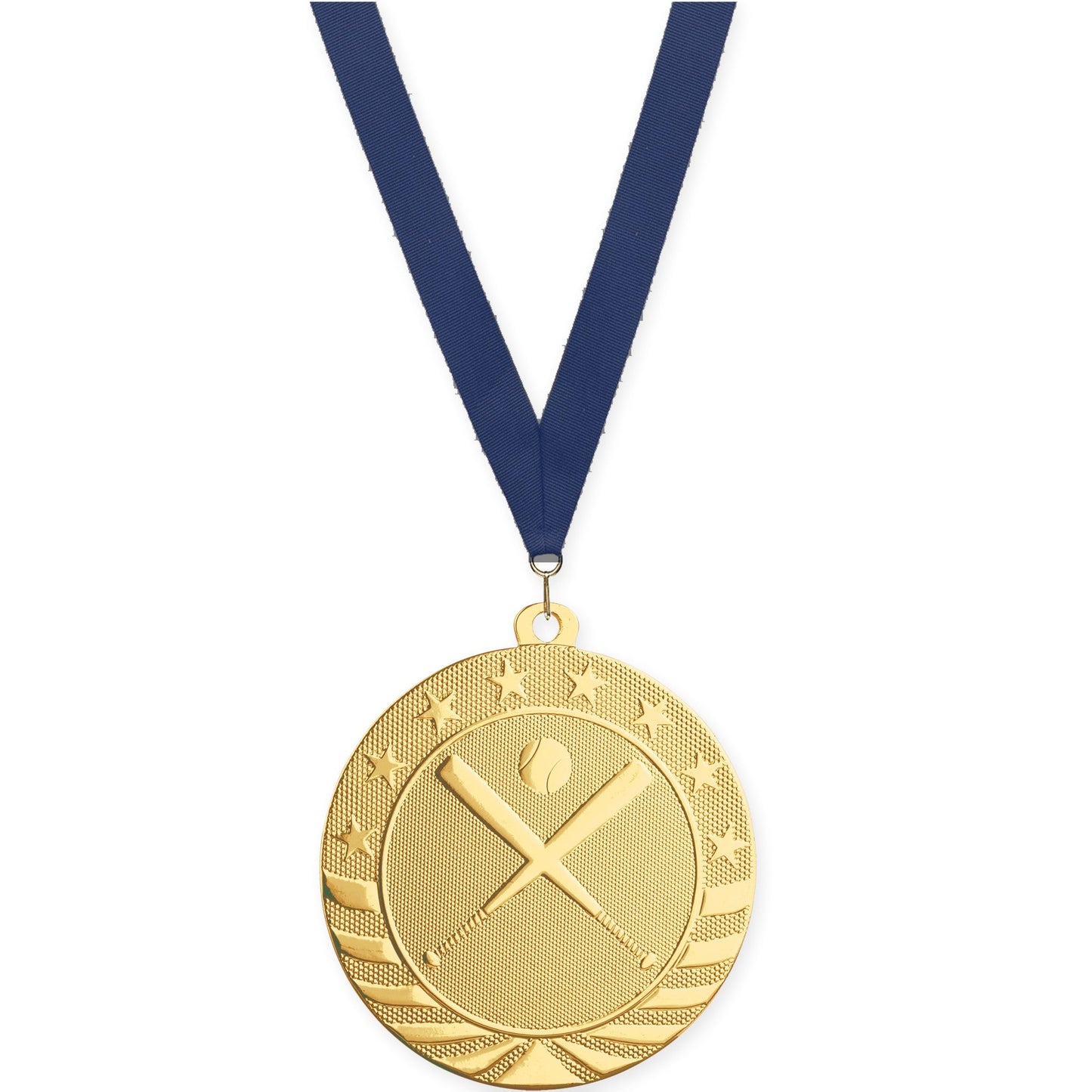 2 3/4 inch baseball and softball Starbrite medal in bright gold with Navy neck ribbon