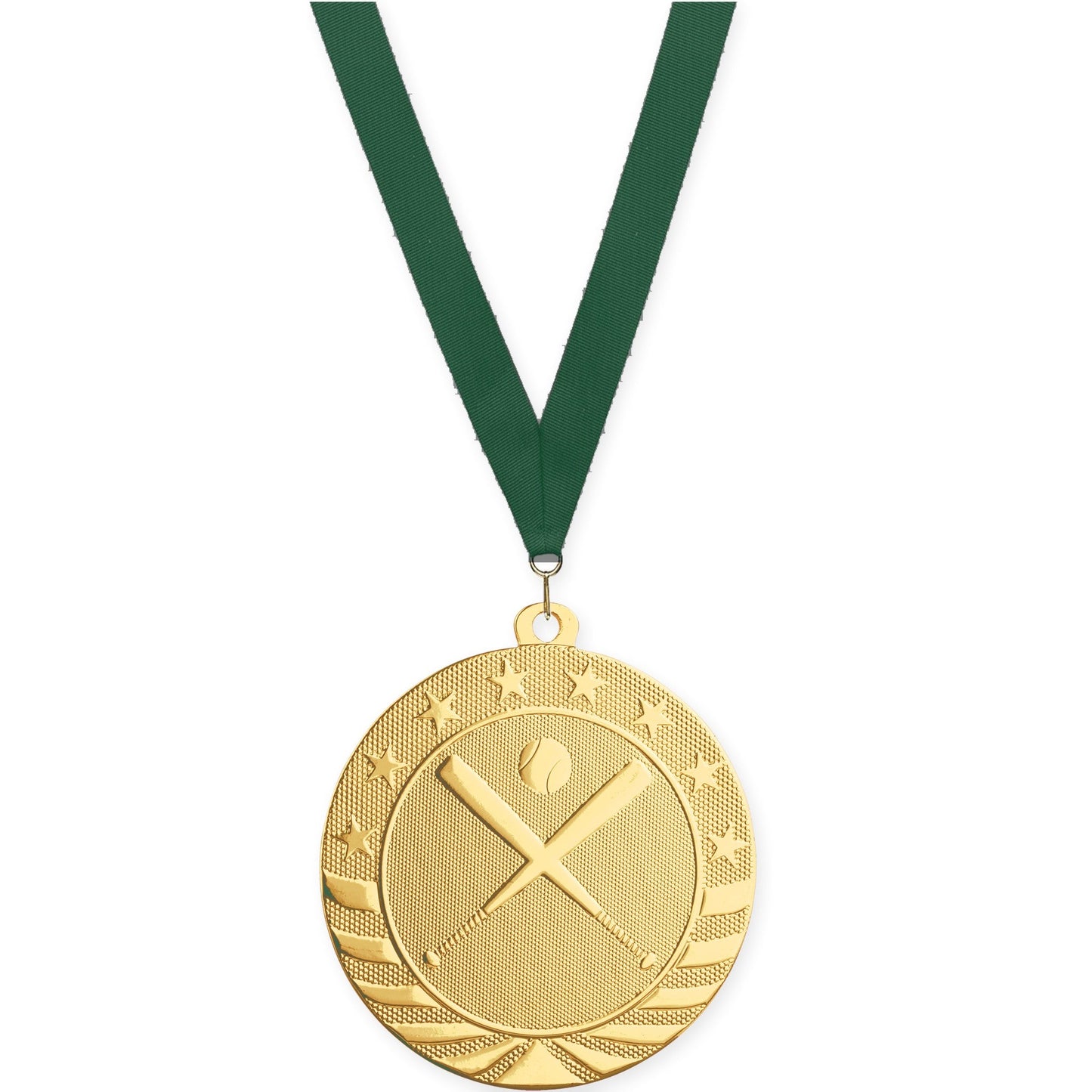 2 3/4 inch baseball and softball Starbrite medal in bright gold with Hunter Green neck ribbon