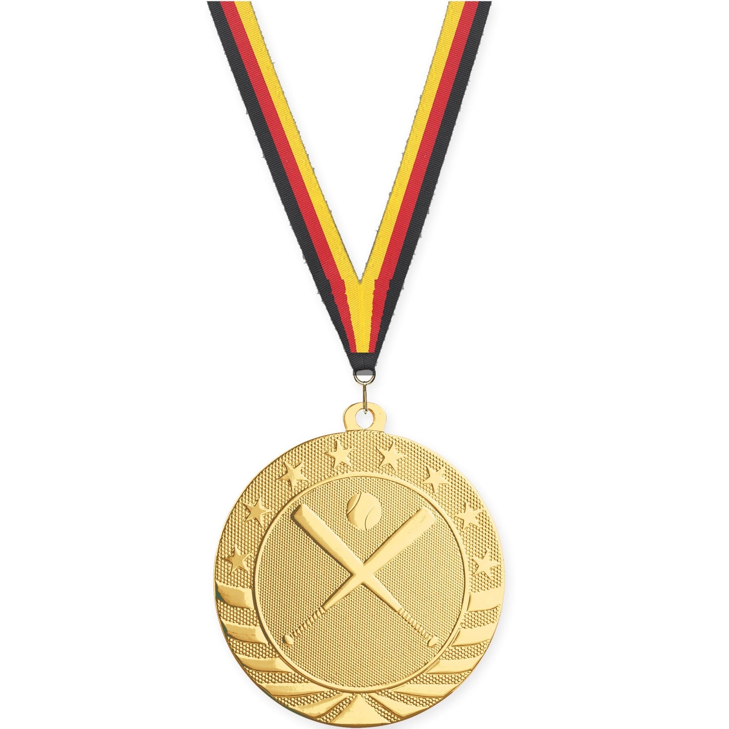 2 3/4 inch baseball and softball Starbrite medal in bright gold with Black Red Yellow neck ribbon