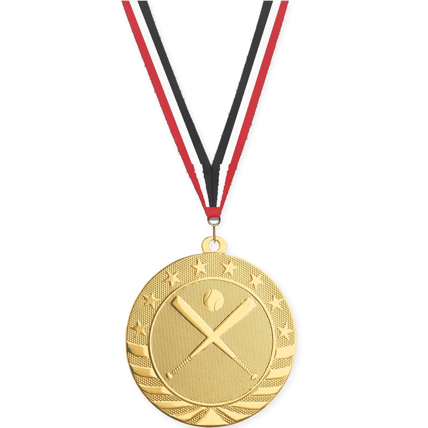 2 3/4 inch baseball and softball Starbrite medal in bright gold with Red White Black neck ribbon