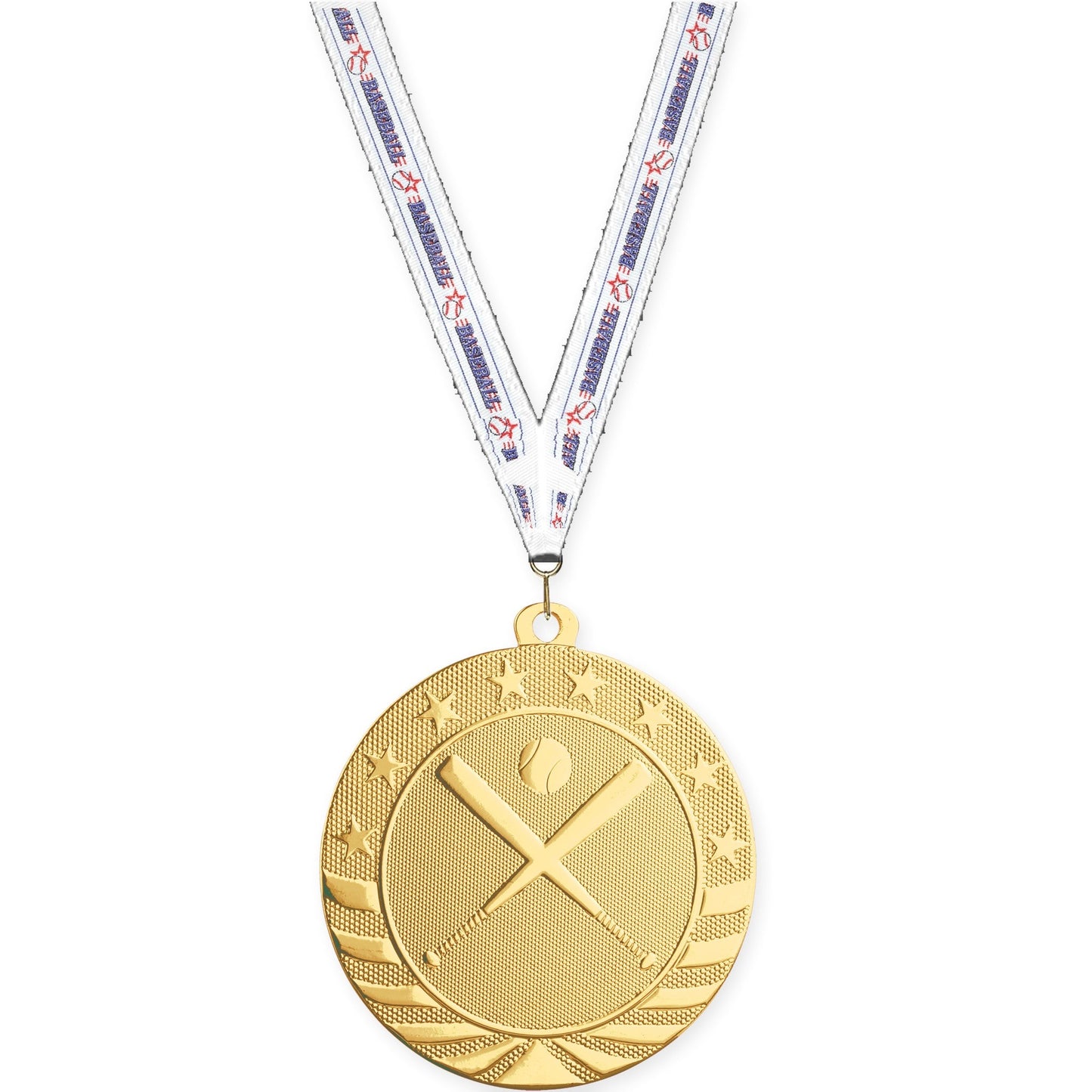 2 3/4 inch baseball and softball Starbrite medal in bright gold with Baseball neck ribbon
