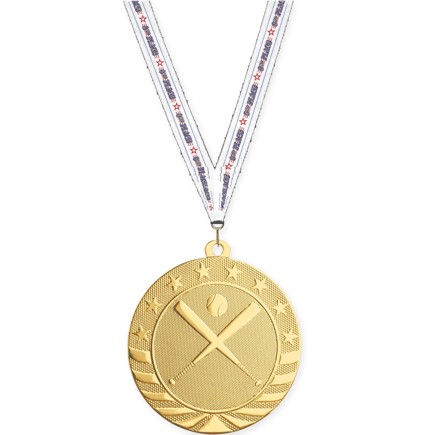 2 3/4 inch baseball and softball Starbrite medal in bright gold with 3rd Place neck ribbon