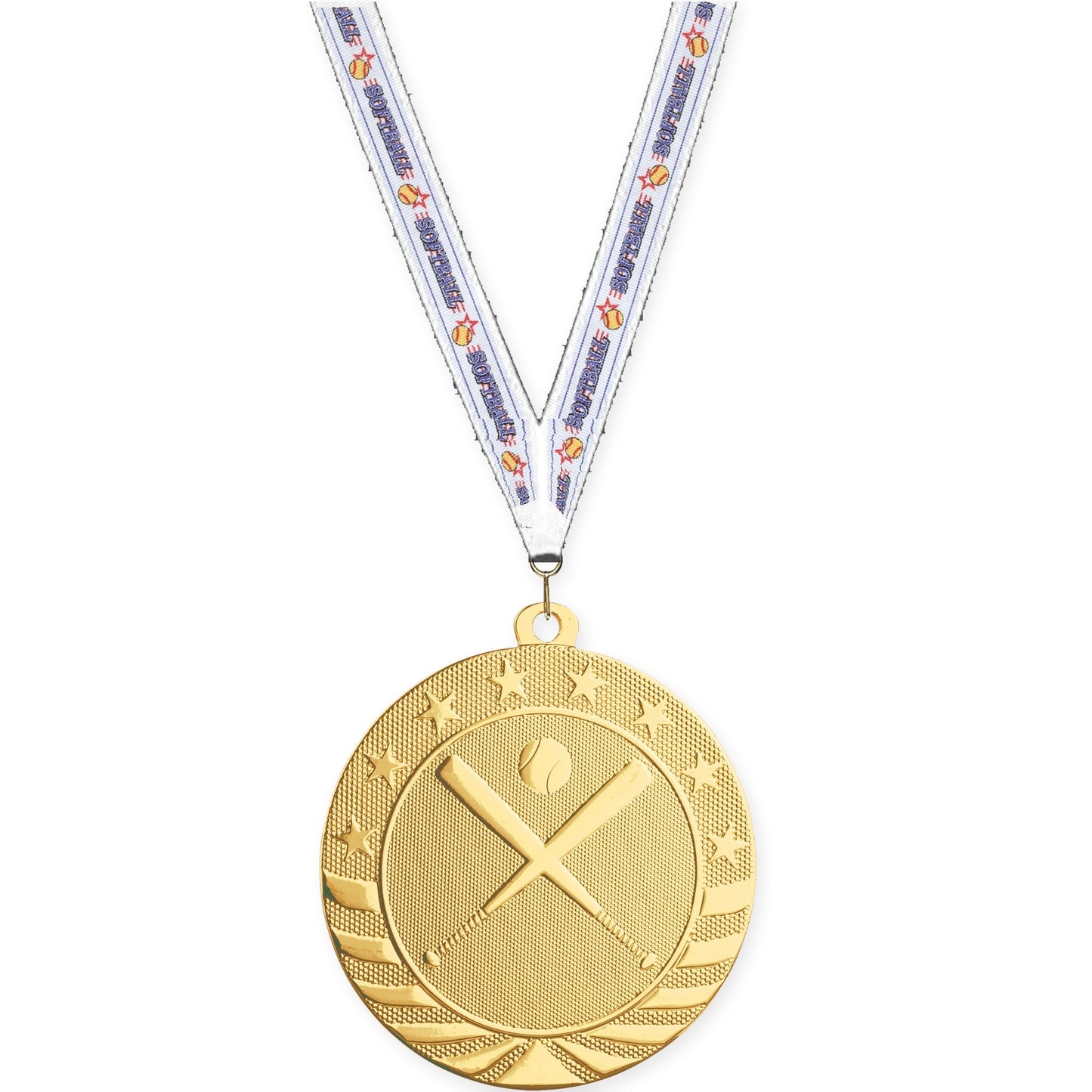 2 3/4 inch baseball and softball Starbrite medal in bright gold with Softball neck ribbon