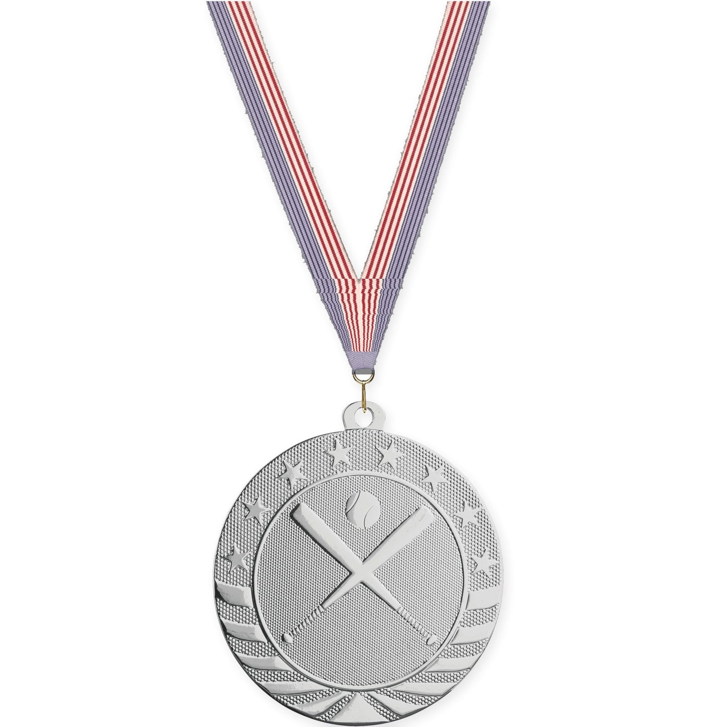 2 3/4 inch baseball and softball Starbrite medal in bright silver with USA Flag neck ribbon