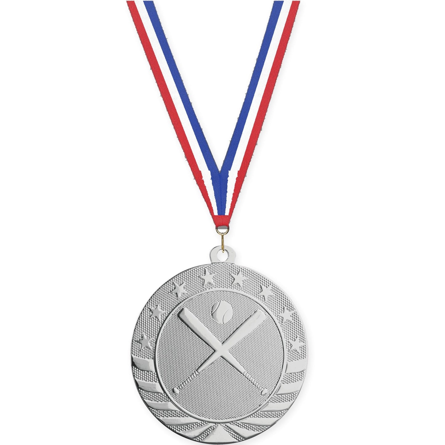 2 3/4 inch baseball and softball Starbrite medal in bright silver with Red White Blue neck ribbon