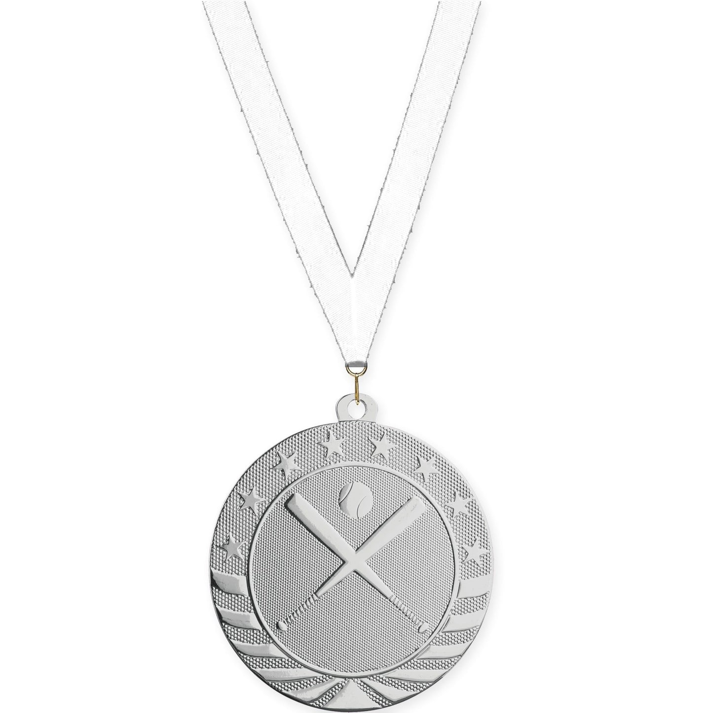 2 3/4 inch baseball and softball Starbrite medal in bright silver with White neck ribbon