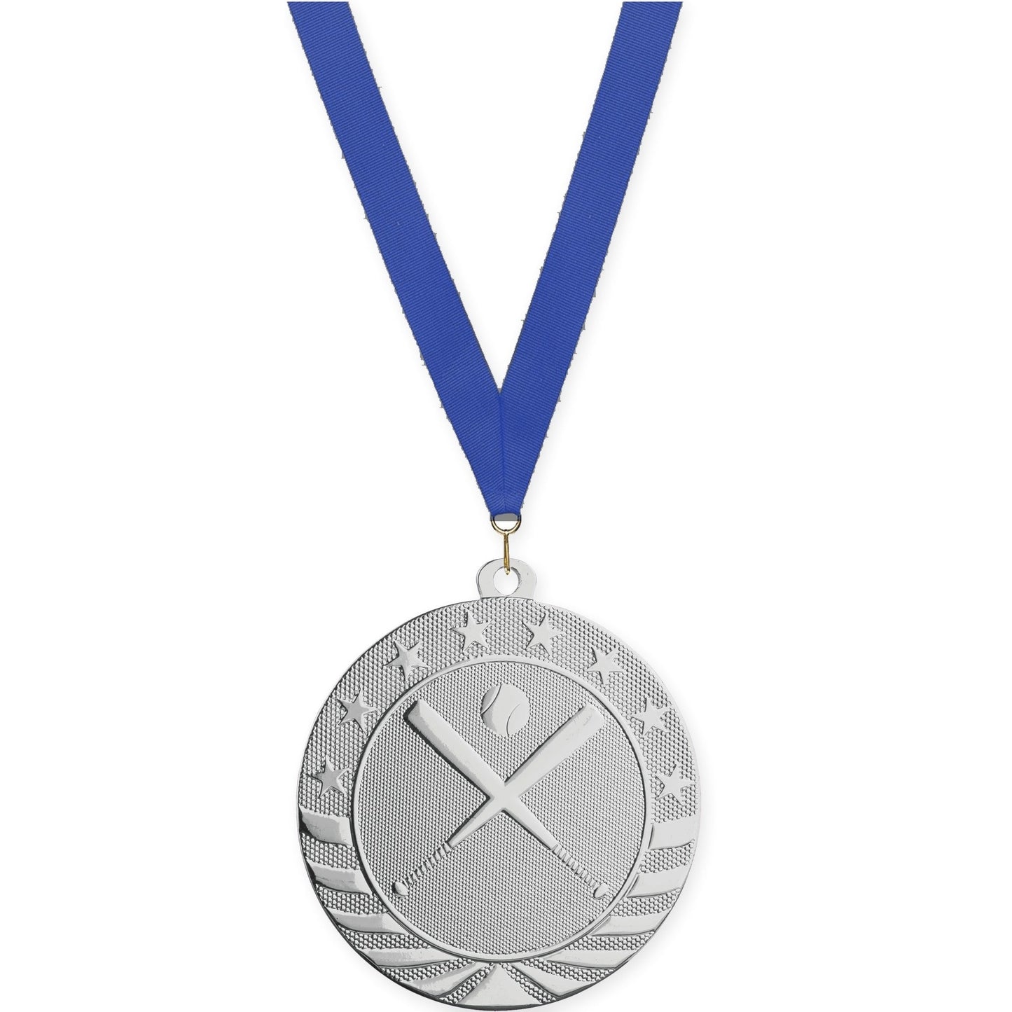 2 3/4 inch baseball and softball Starbrite medal in bright silver with Blue neck ribbon