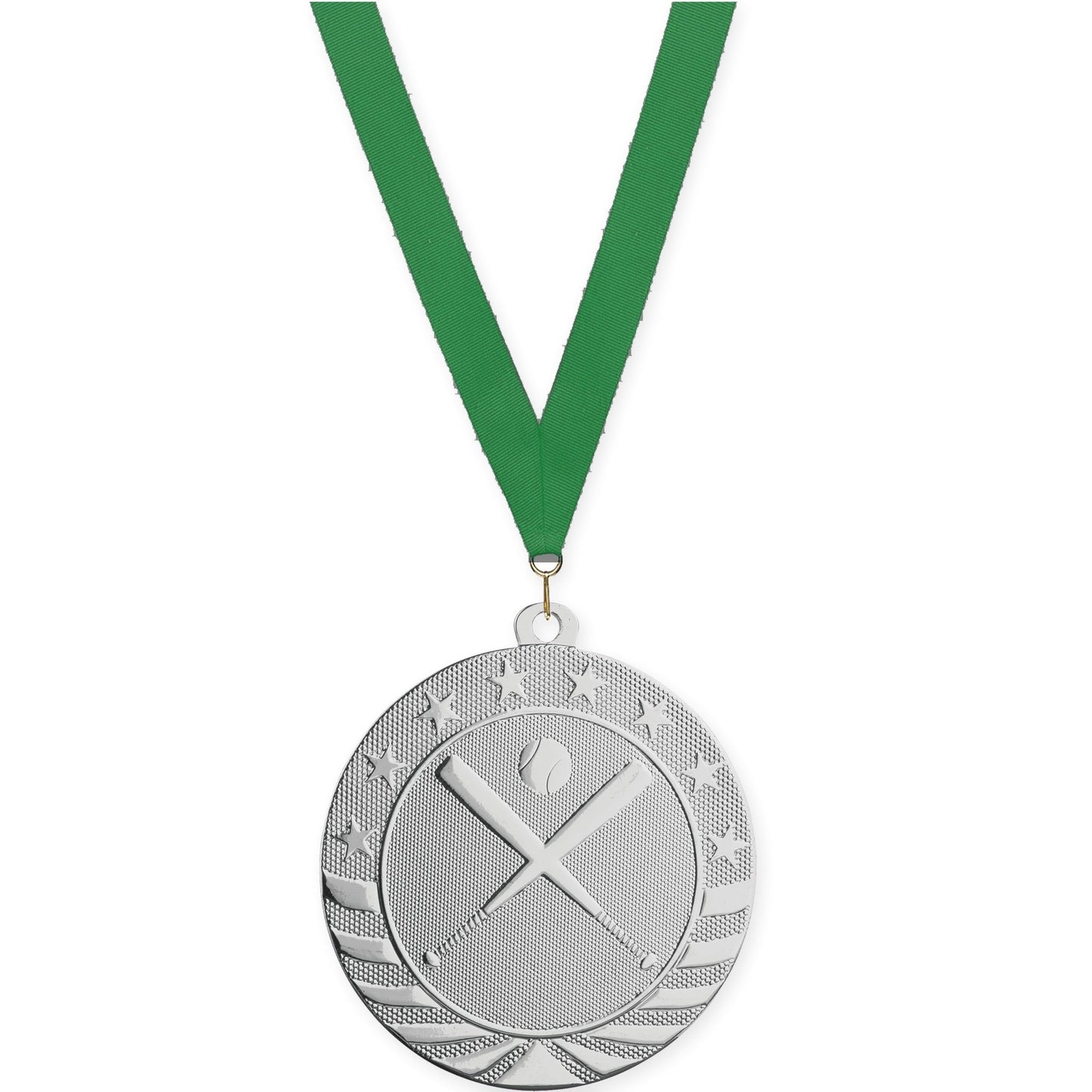 2 3/4 inch baseball and softball Starbrite medal in bright silver with Green neck ribbon