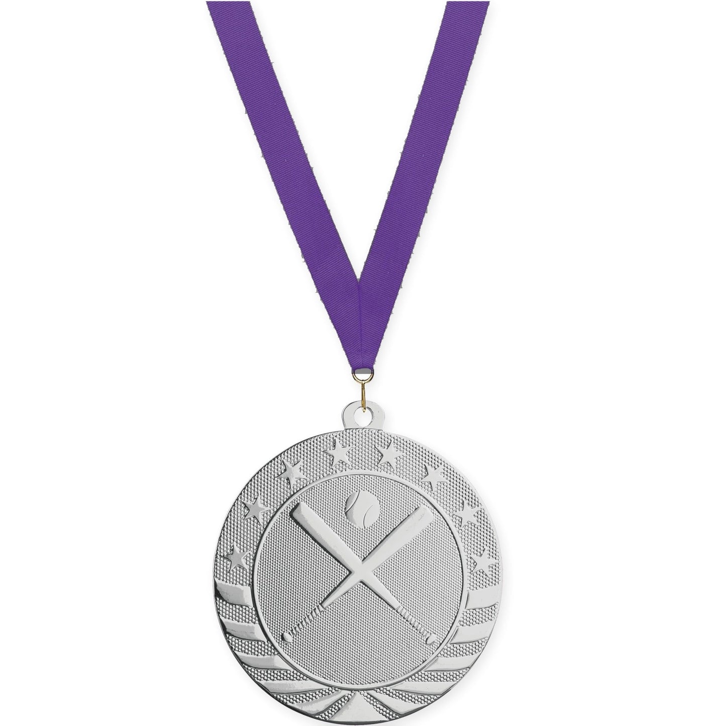 2 3/4 inch baseball and softball Starbrite medal in bright silver with Purple neck ribbon