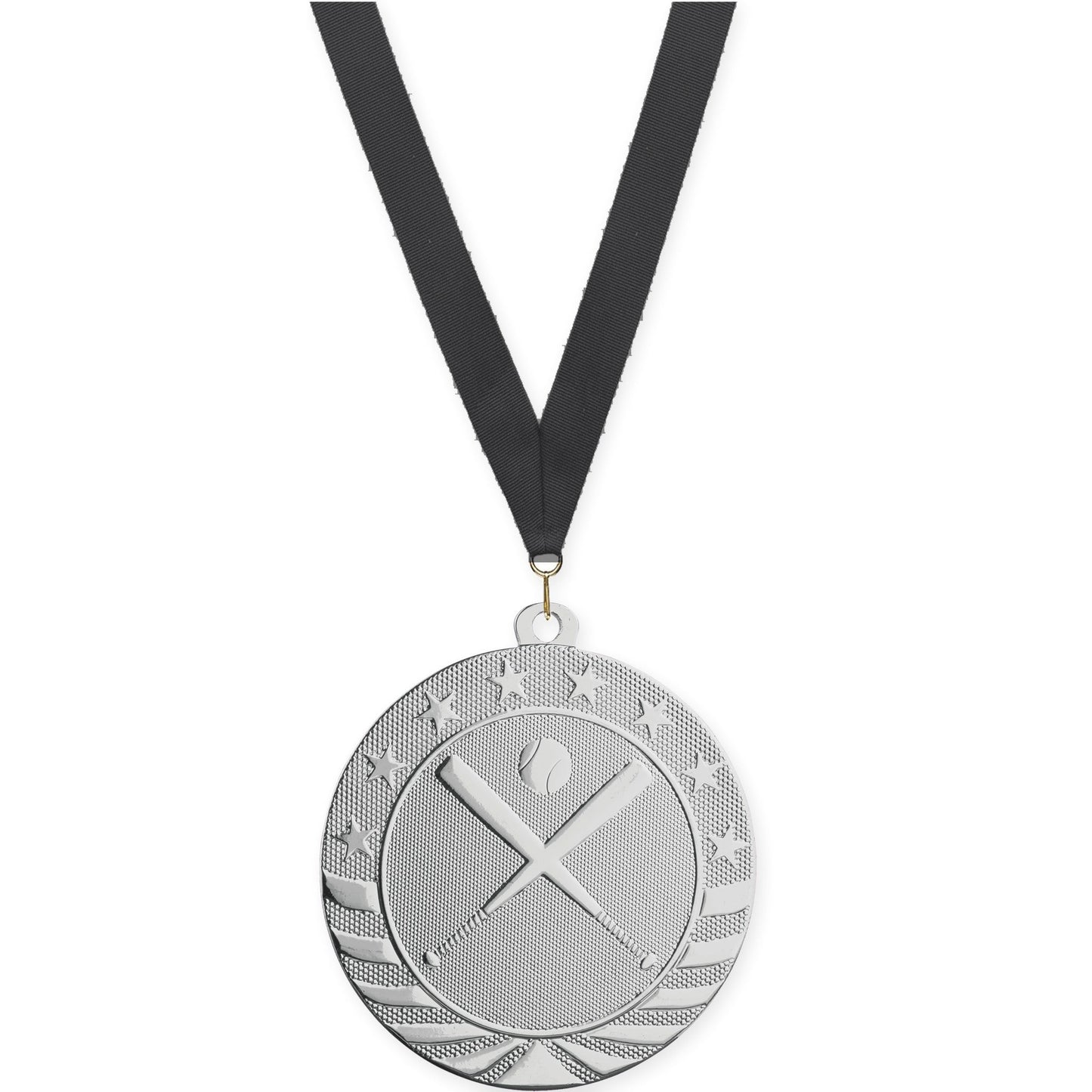 2 3/4 inch baseball and softball Starbrite medal in bright silver with Black neck ribbon