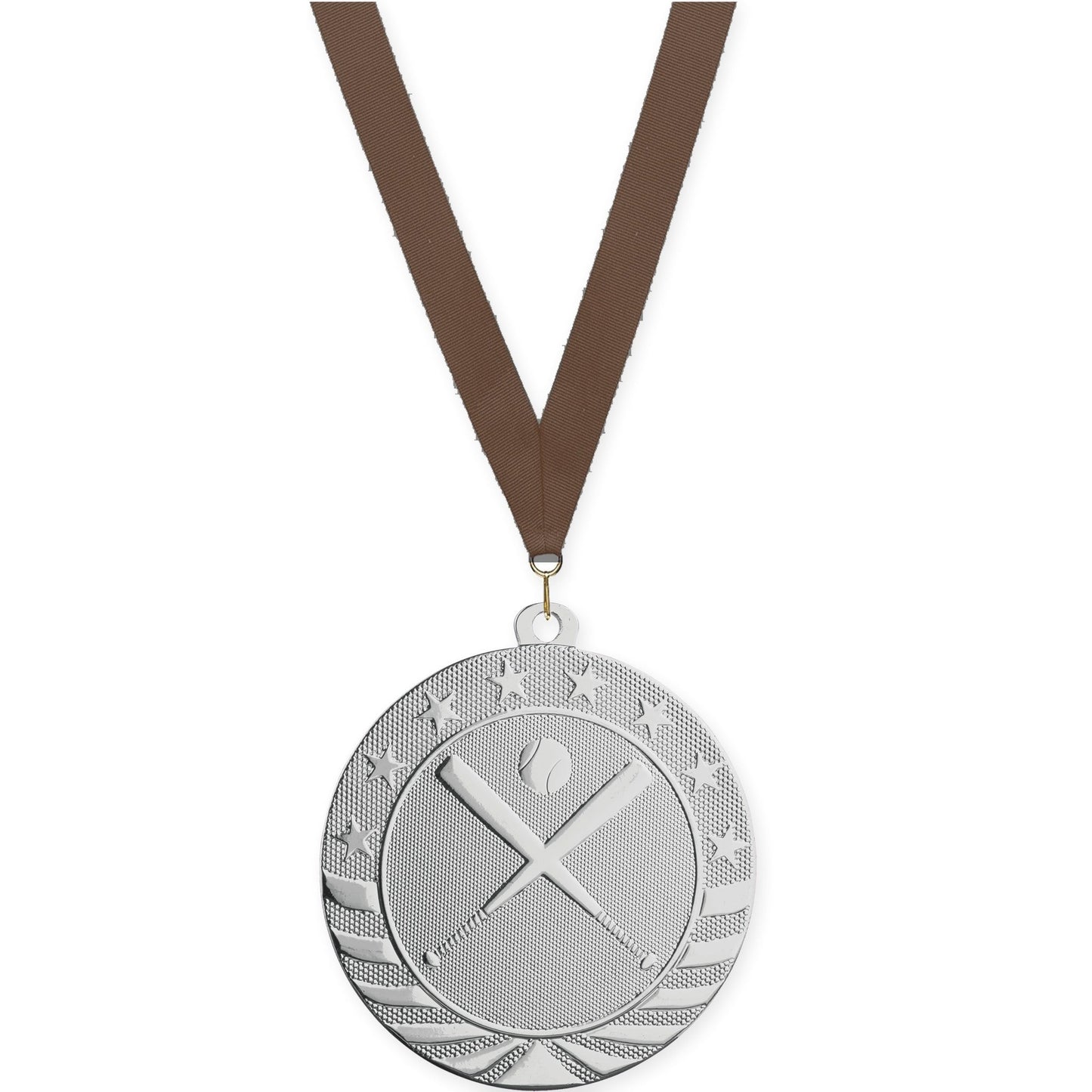 2 3/4 inch baseball and softball Starbrite medal in bright silver with Brown neck ribbon