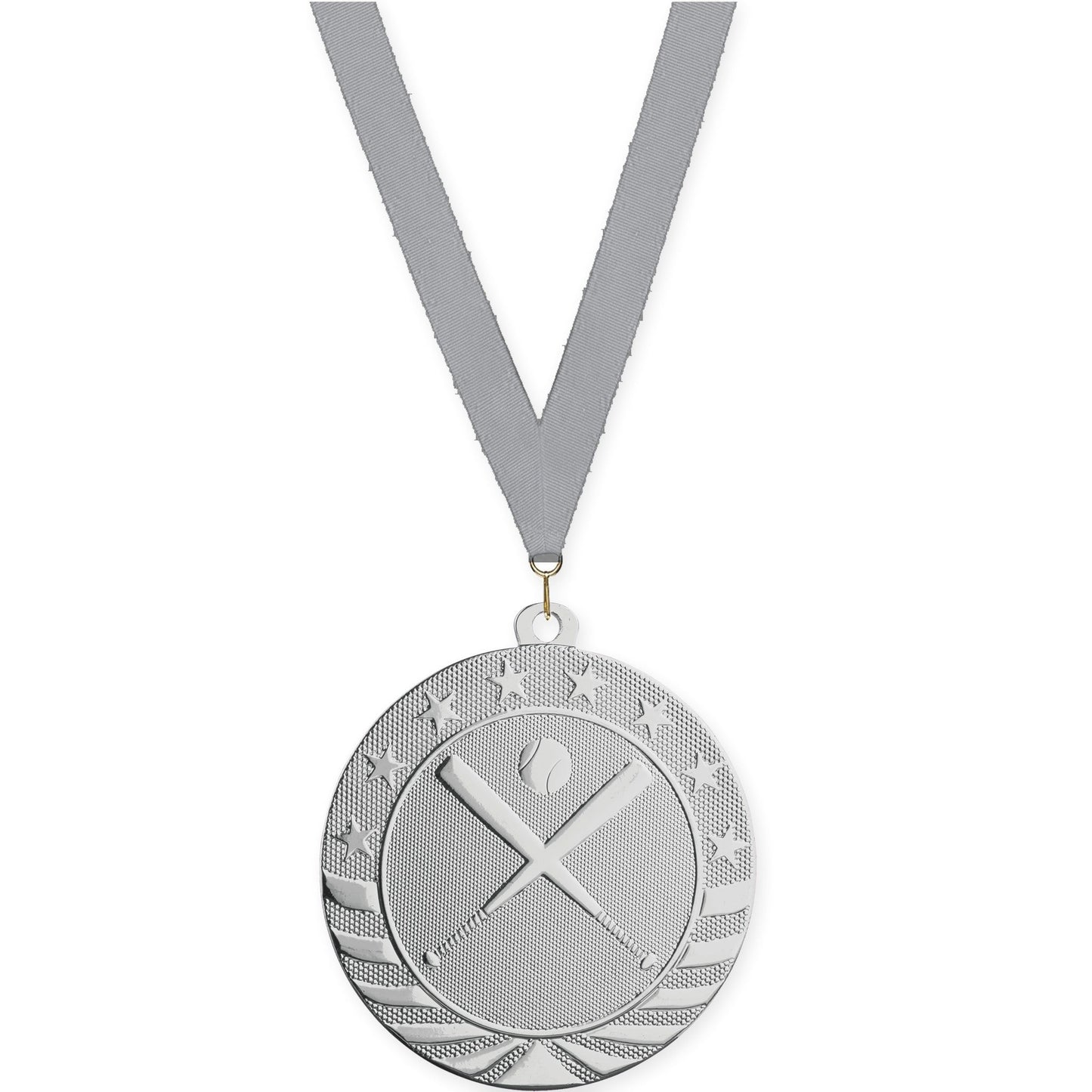 2 3/4 inch baseball and softball Starbrite medal in bright silver with Gray neck ribbon