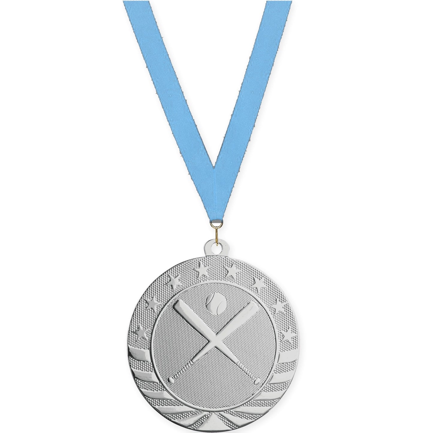 2 3/4 inch baseball and softball Starbrite medal in bright silver with Light Blue neck ribbon